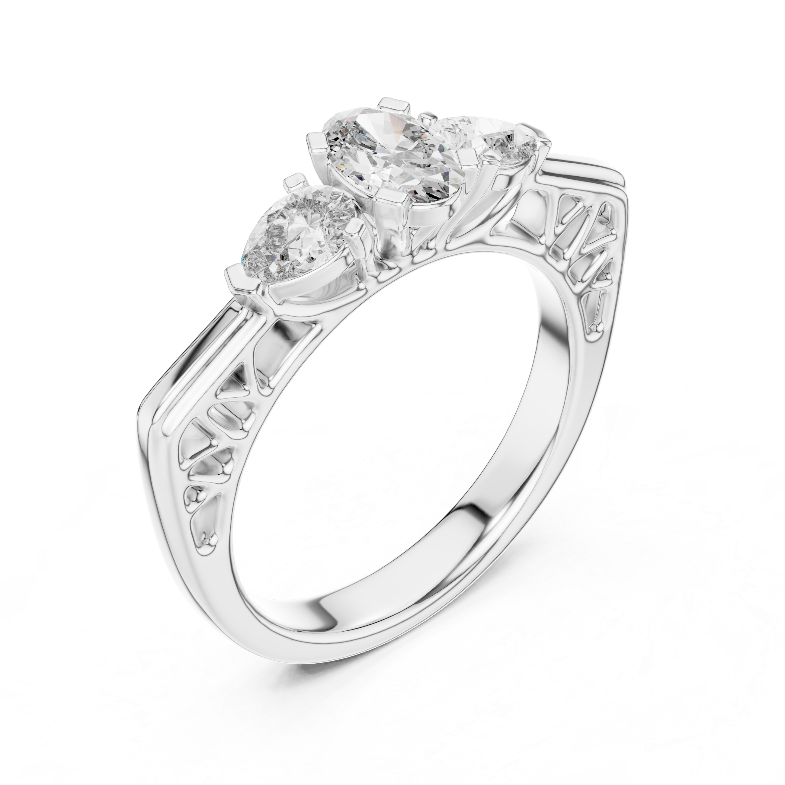 Diamond ring with three clear stones on a white background