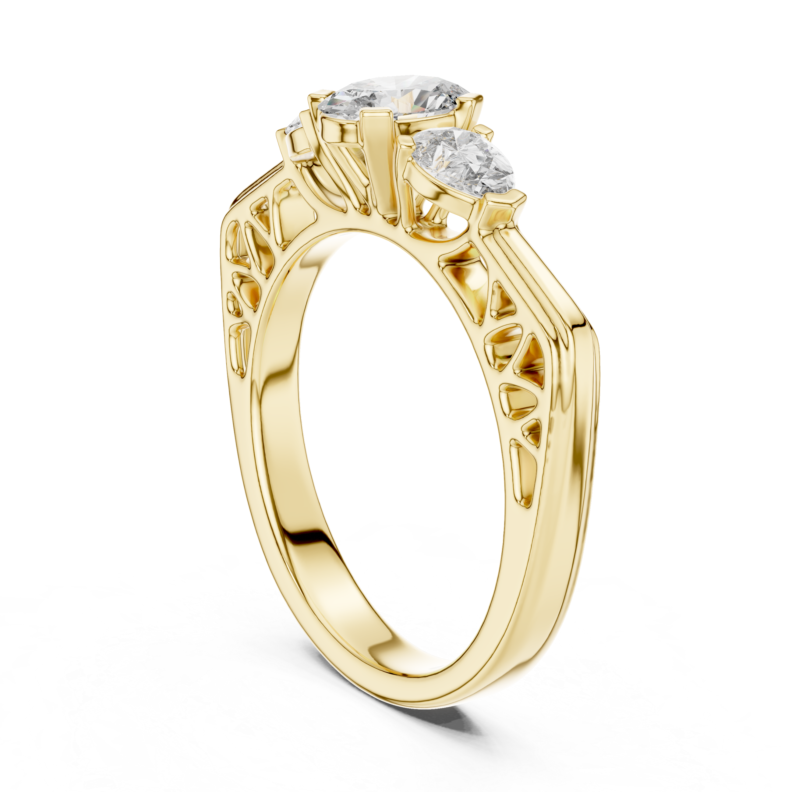 Gold ring with three diamonds on a white background