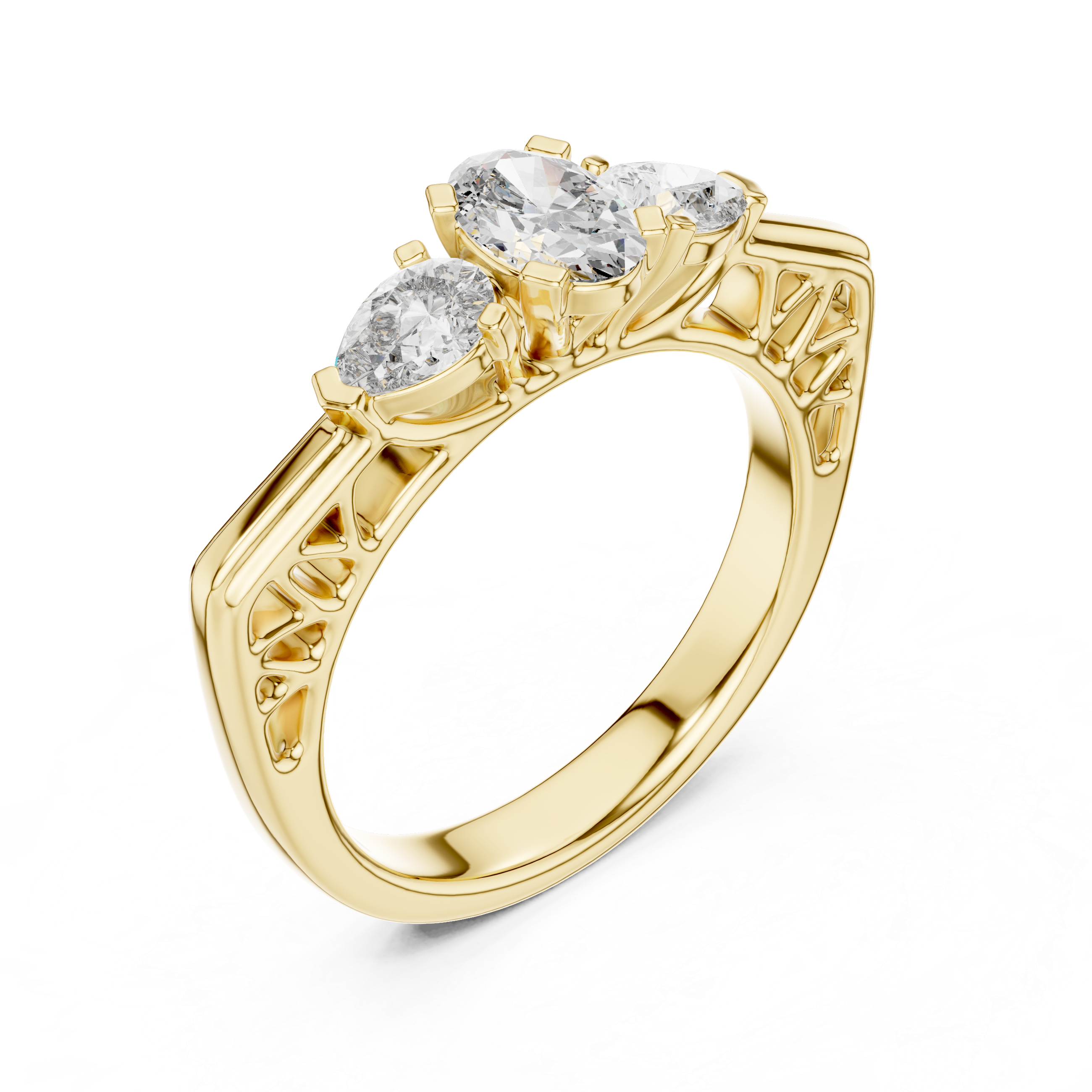 Gold ring with three diamonds on a white background