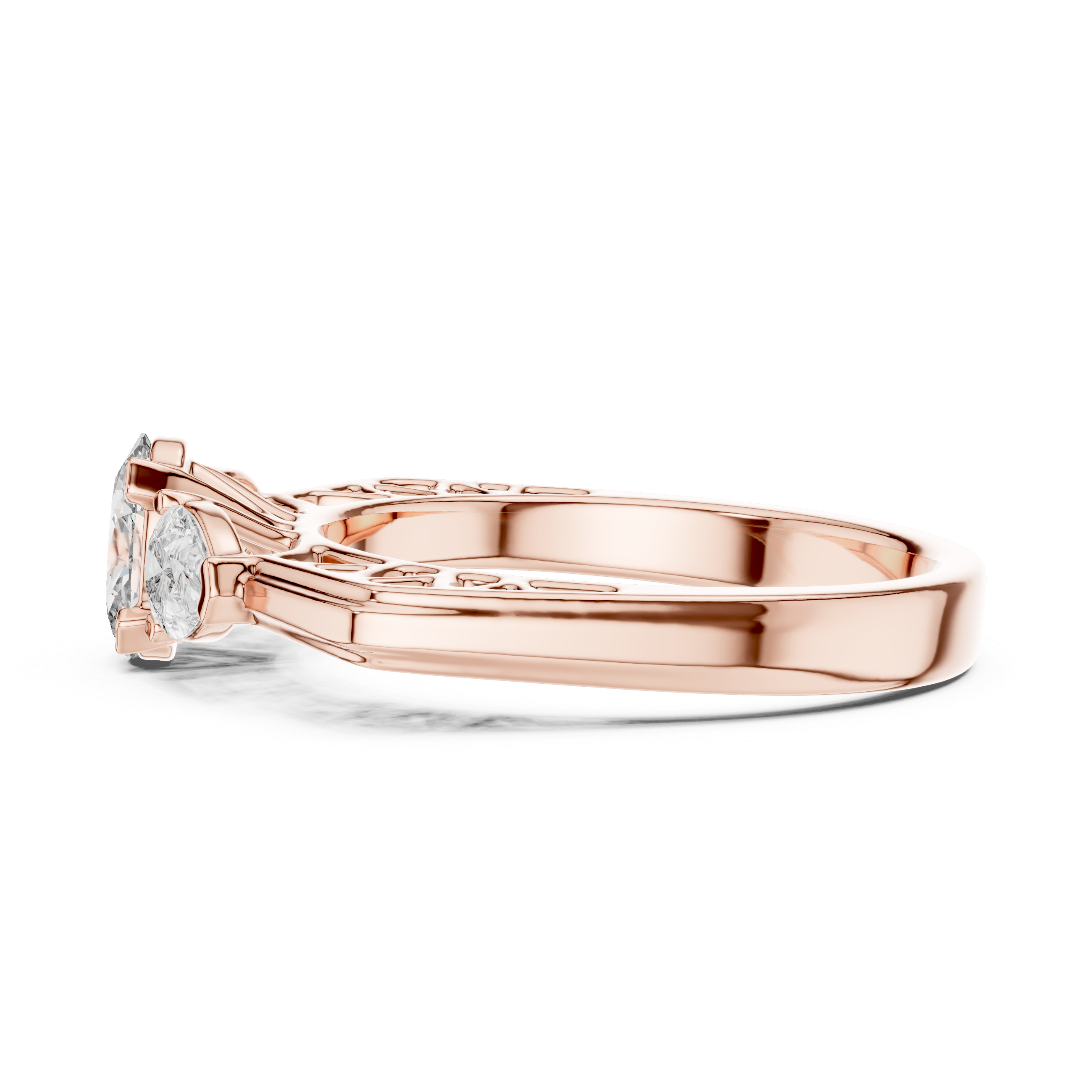 Rose gold ring with a diamond on a white background