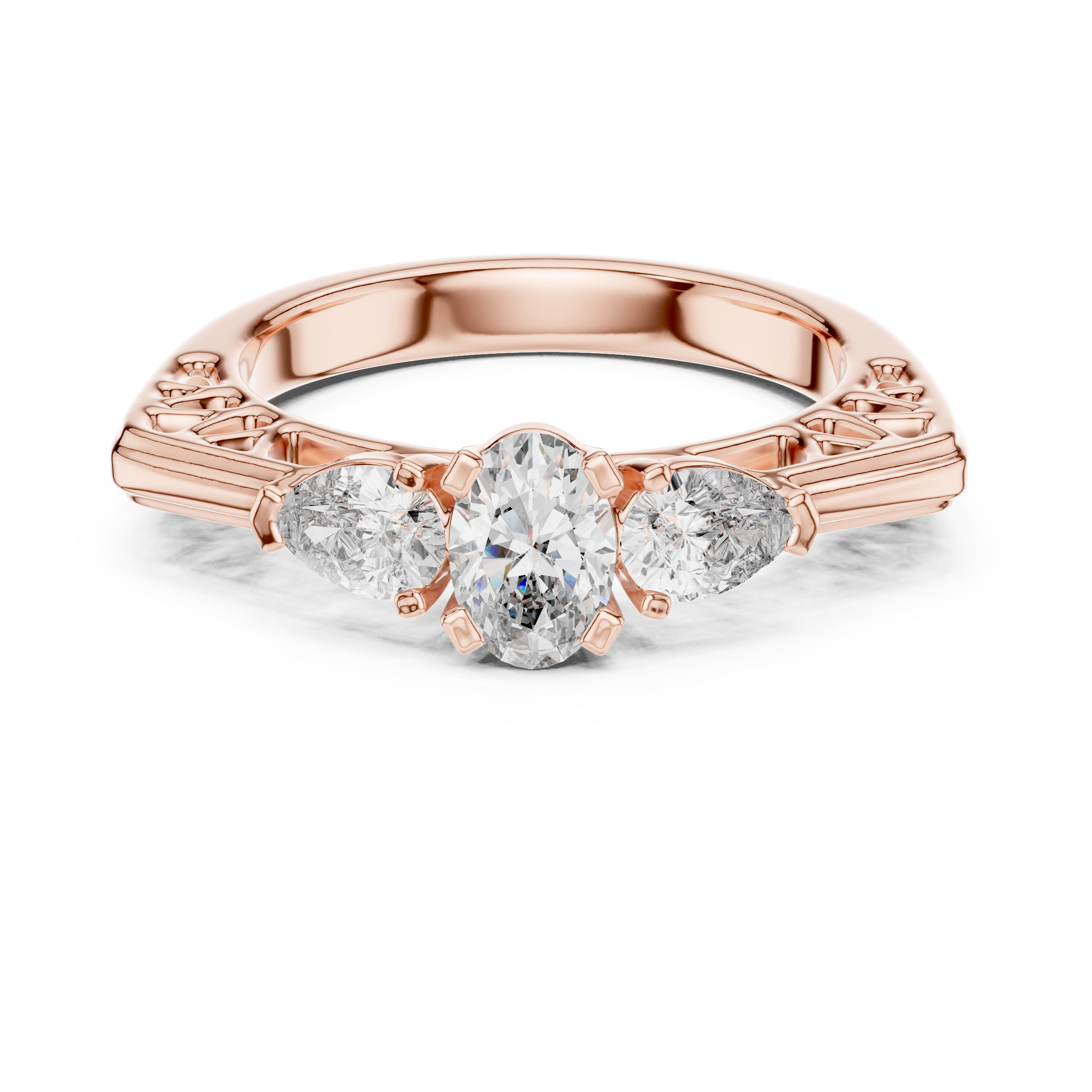 Rose gold ring with three heart-shaped diamonds on a white background