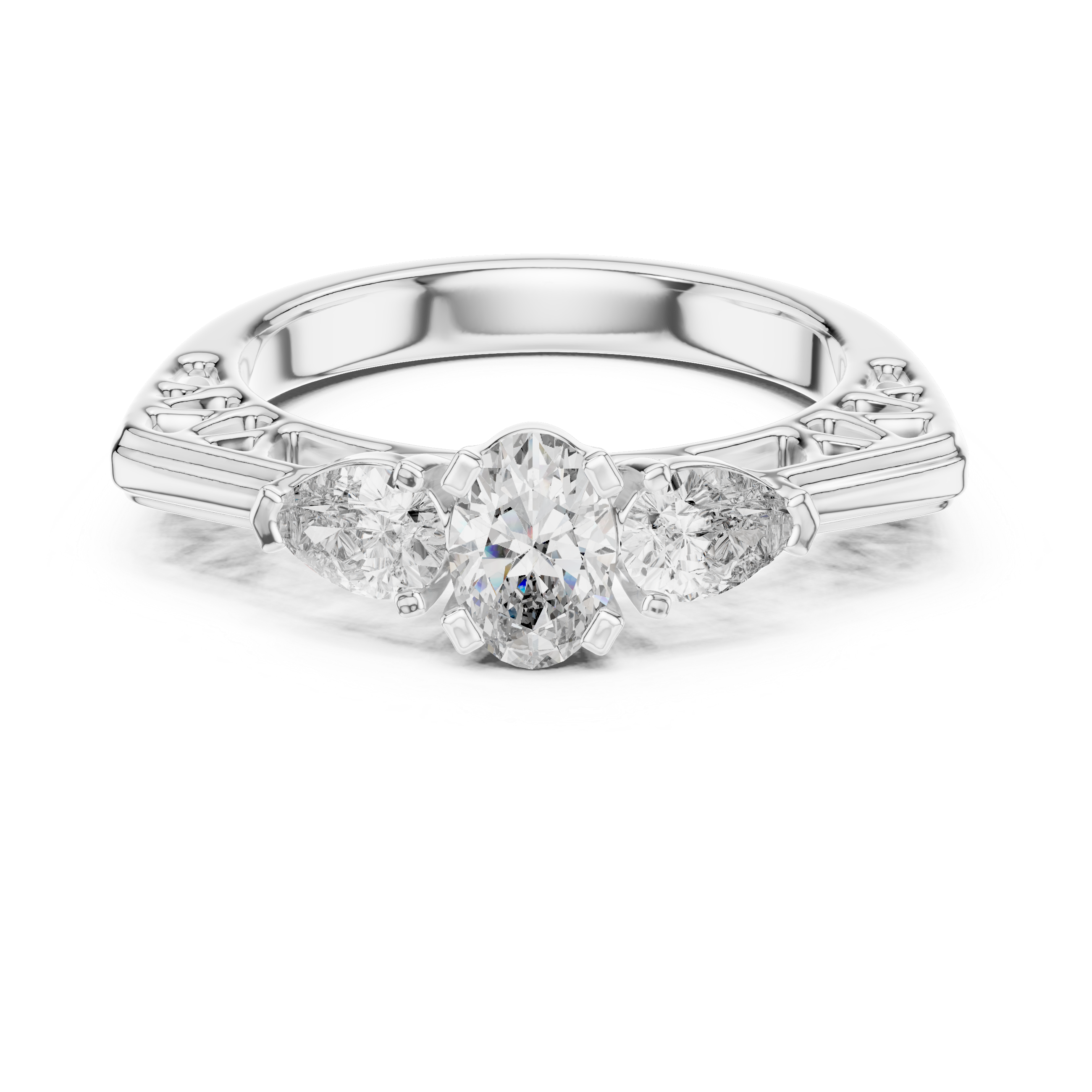 Diamond ring with three stones on a white background