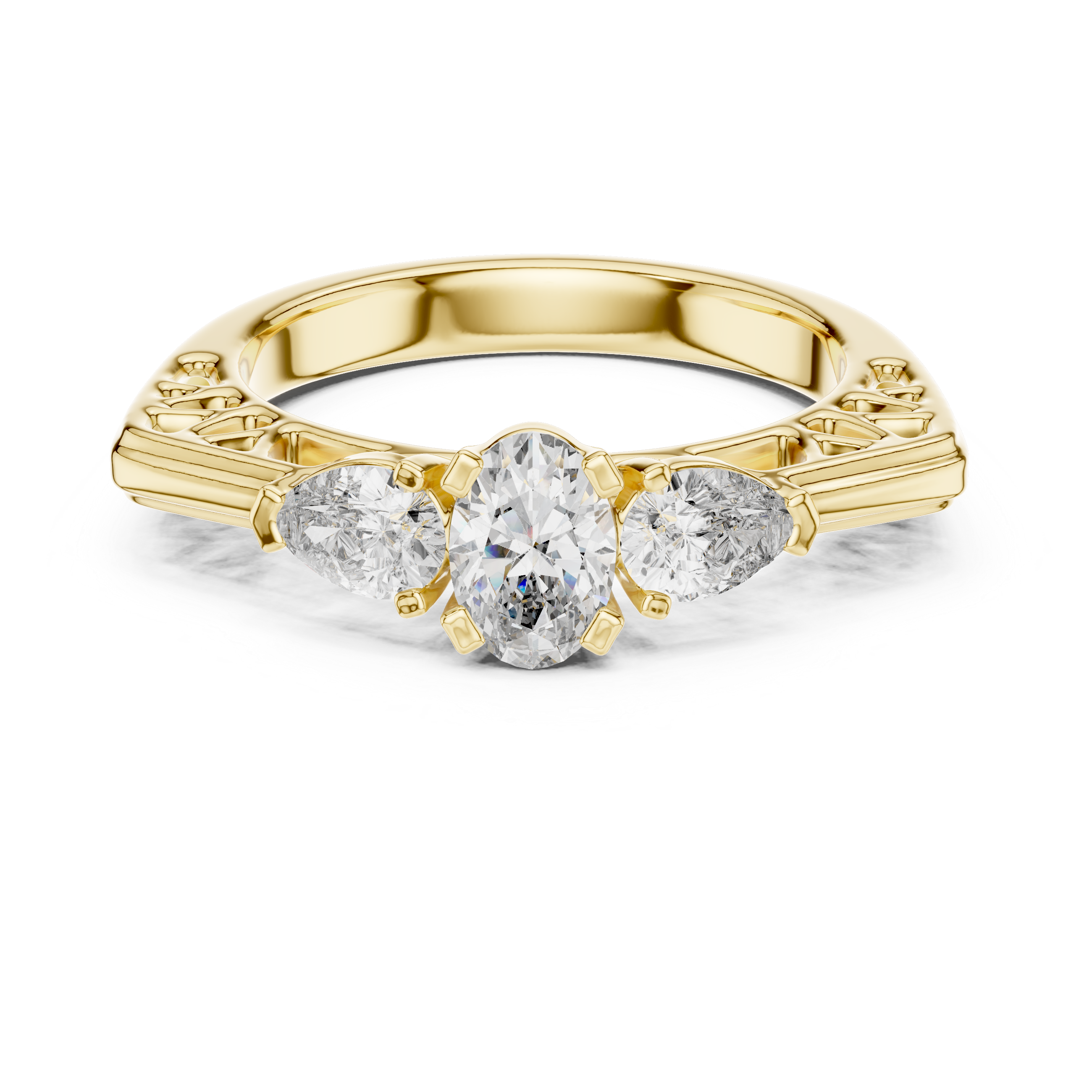 Gold ring with three diamonds on a white background