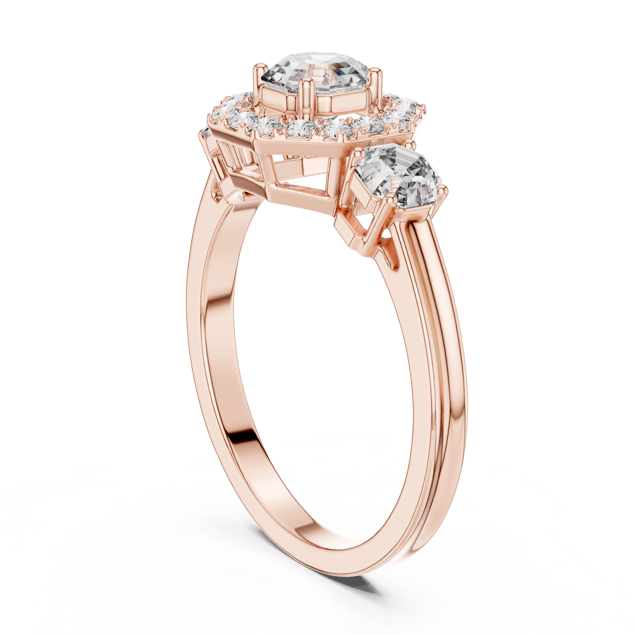 Rose gold ring with diamonds on a white background