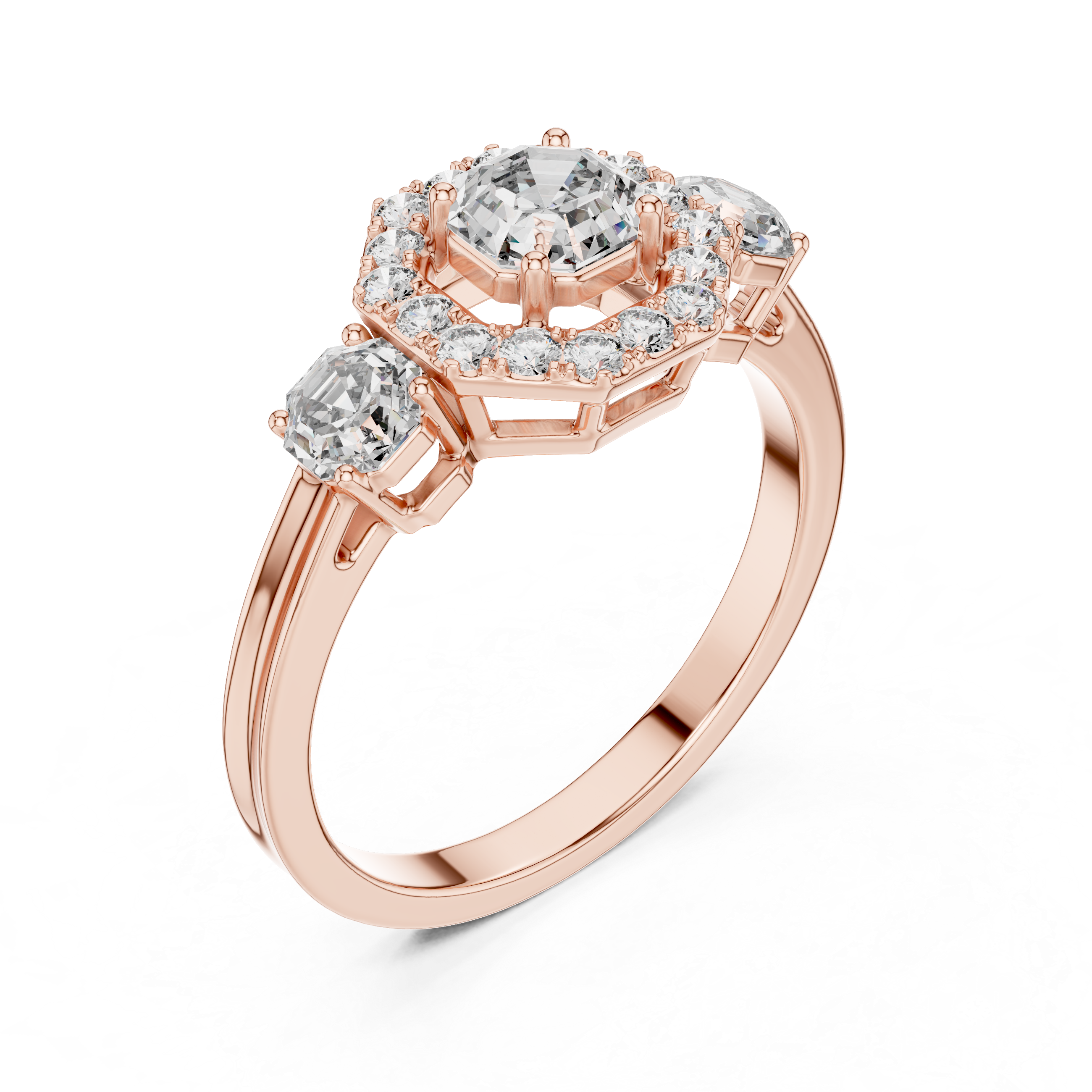 Rose gold ring with diamond accents on a white background
