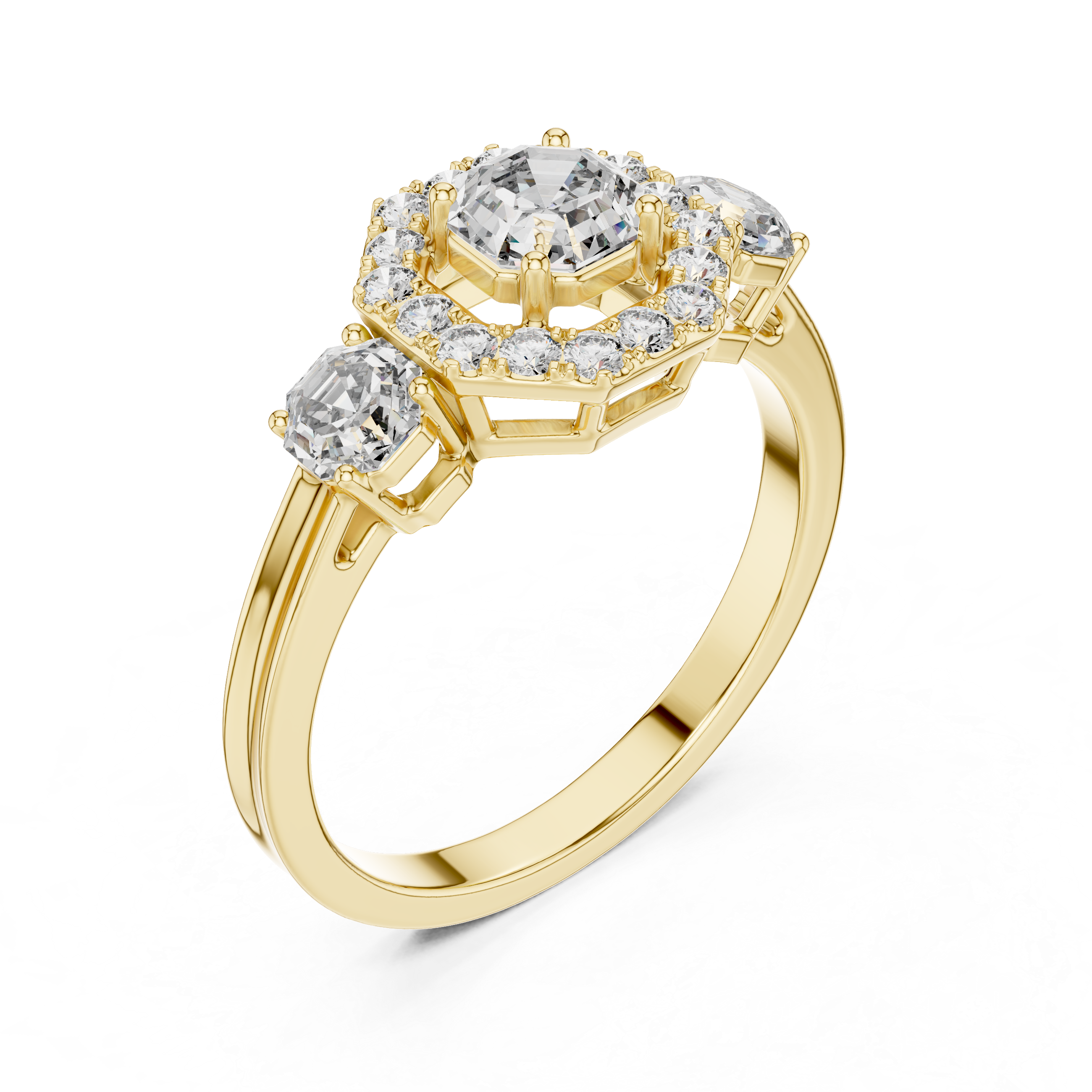 Gold ring with diamond accents on a white background