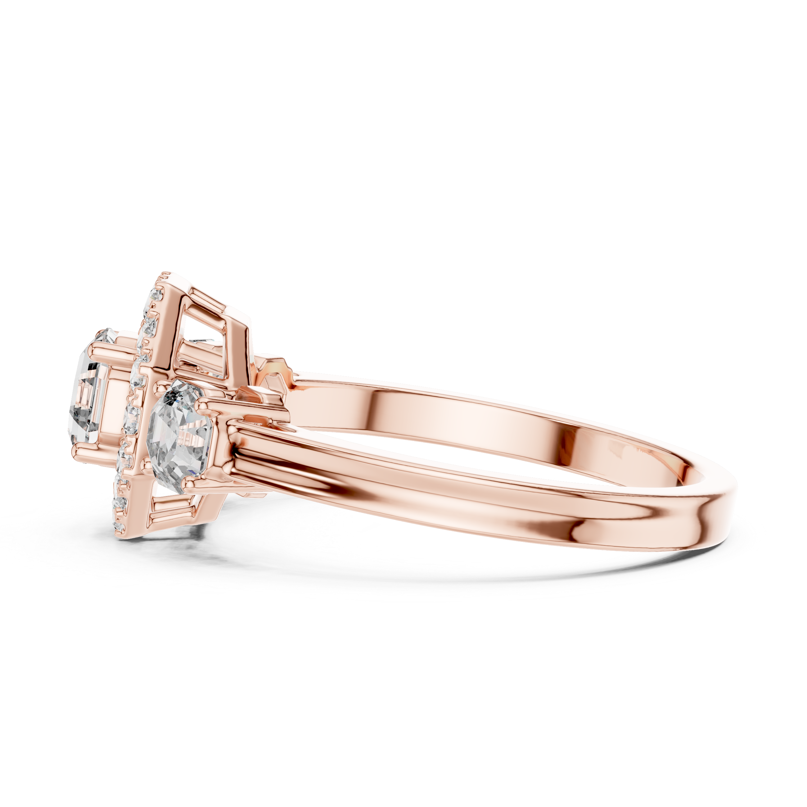 Rose gold ring with a diamond on a white background