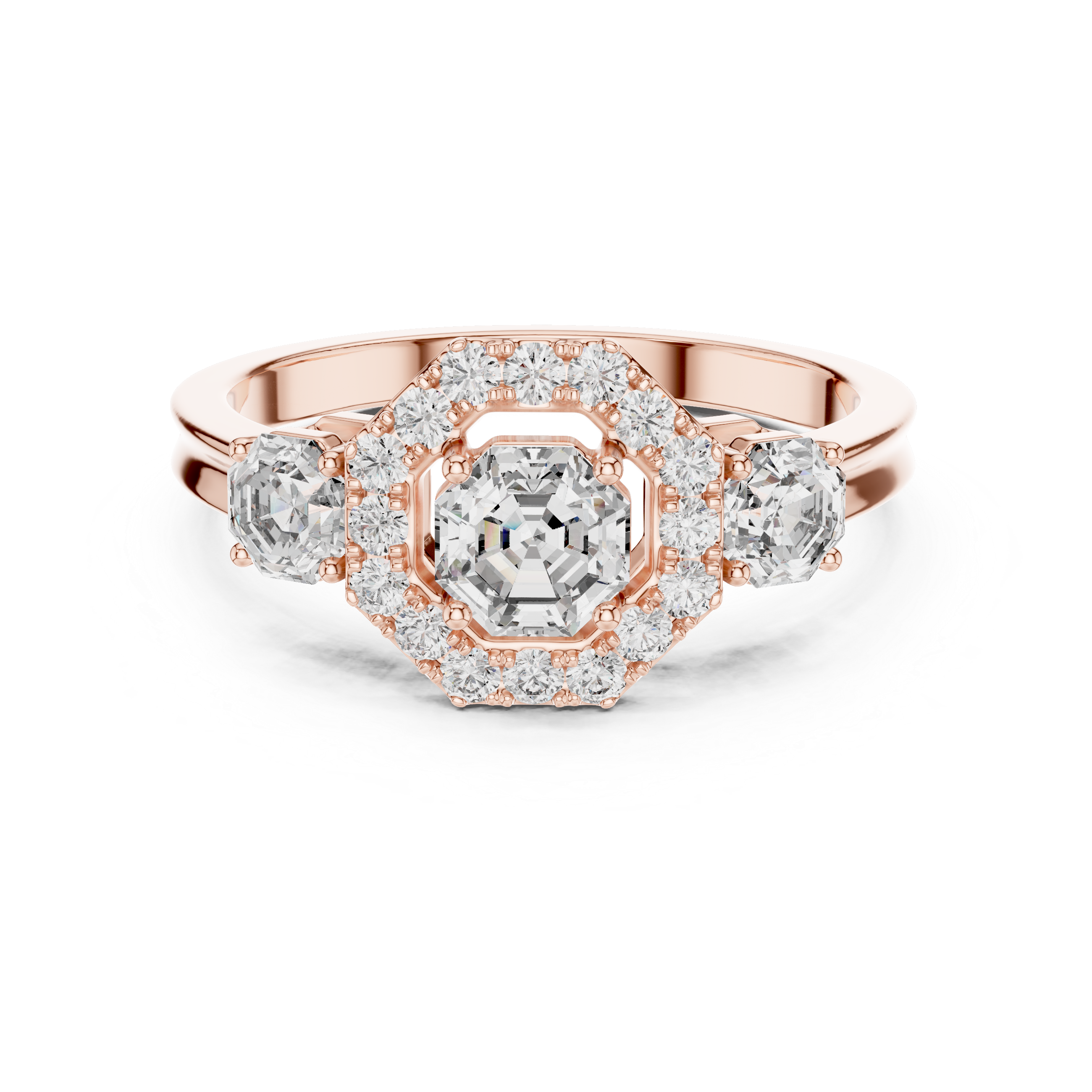 Rose gold ring with a central diamond and smaller diamonds on a white background