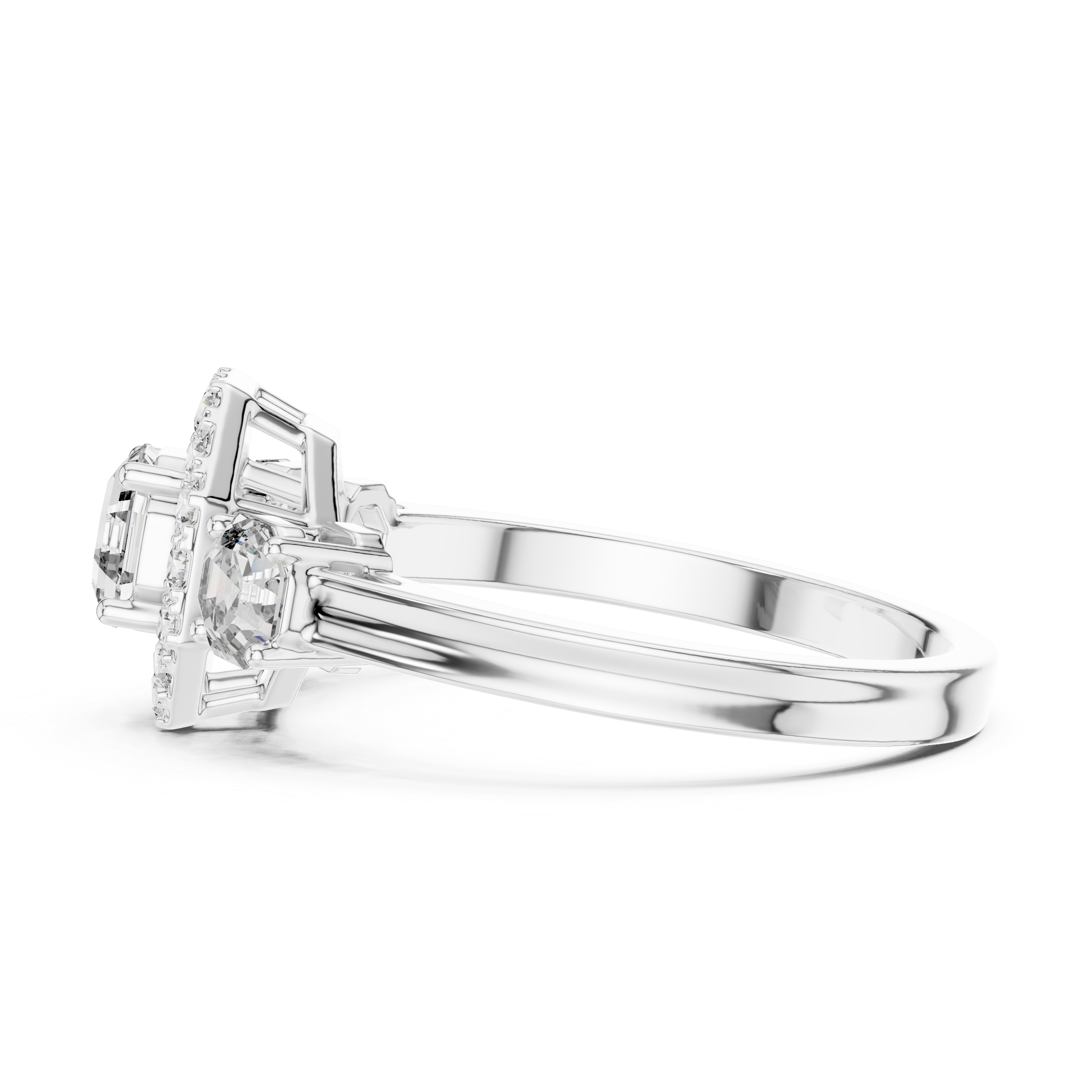 Diamond ring with a white gemstone on a white background