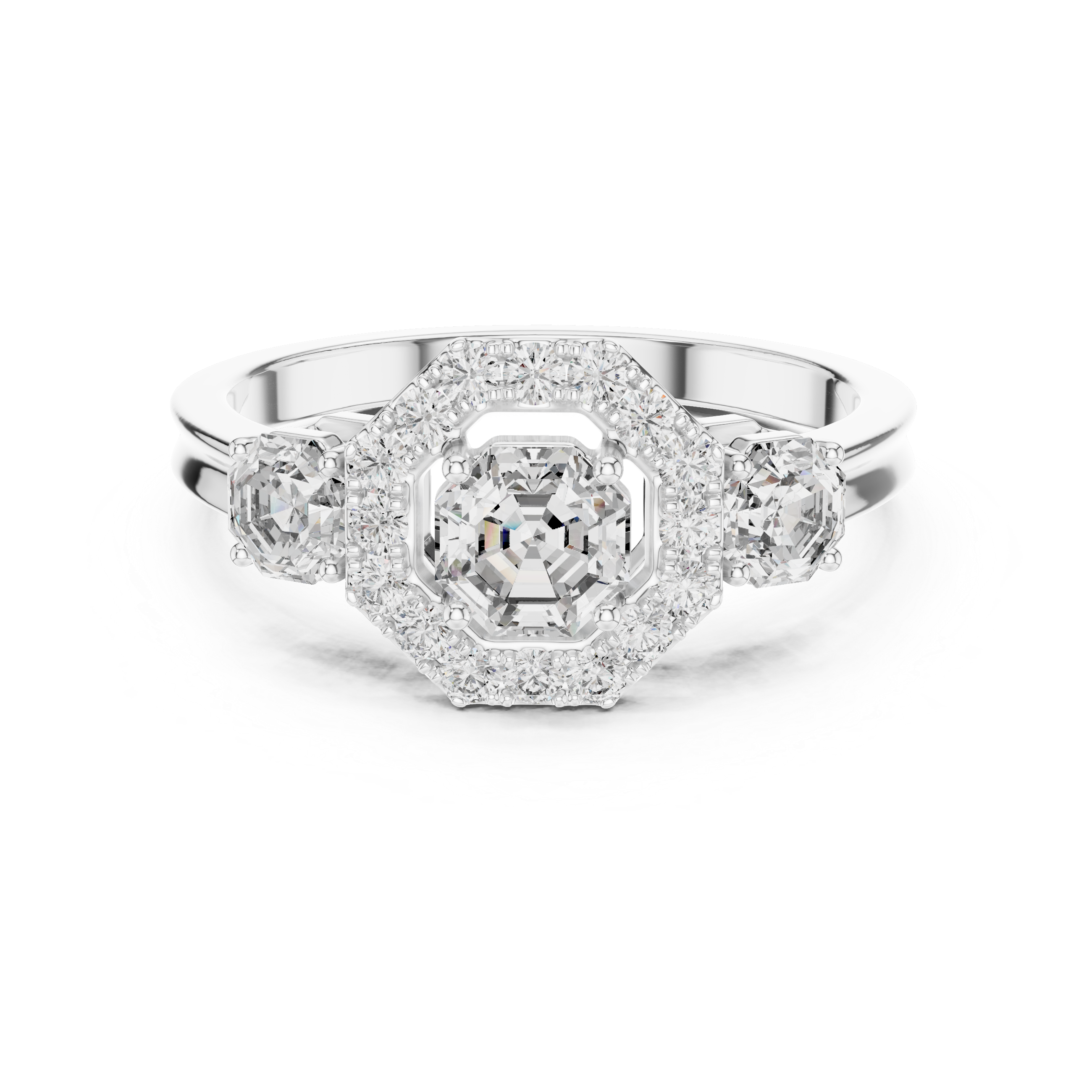Diamond ring with a hexagonal halo on a white background