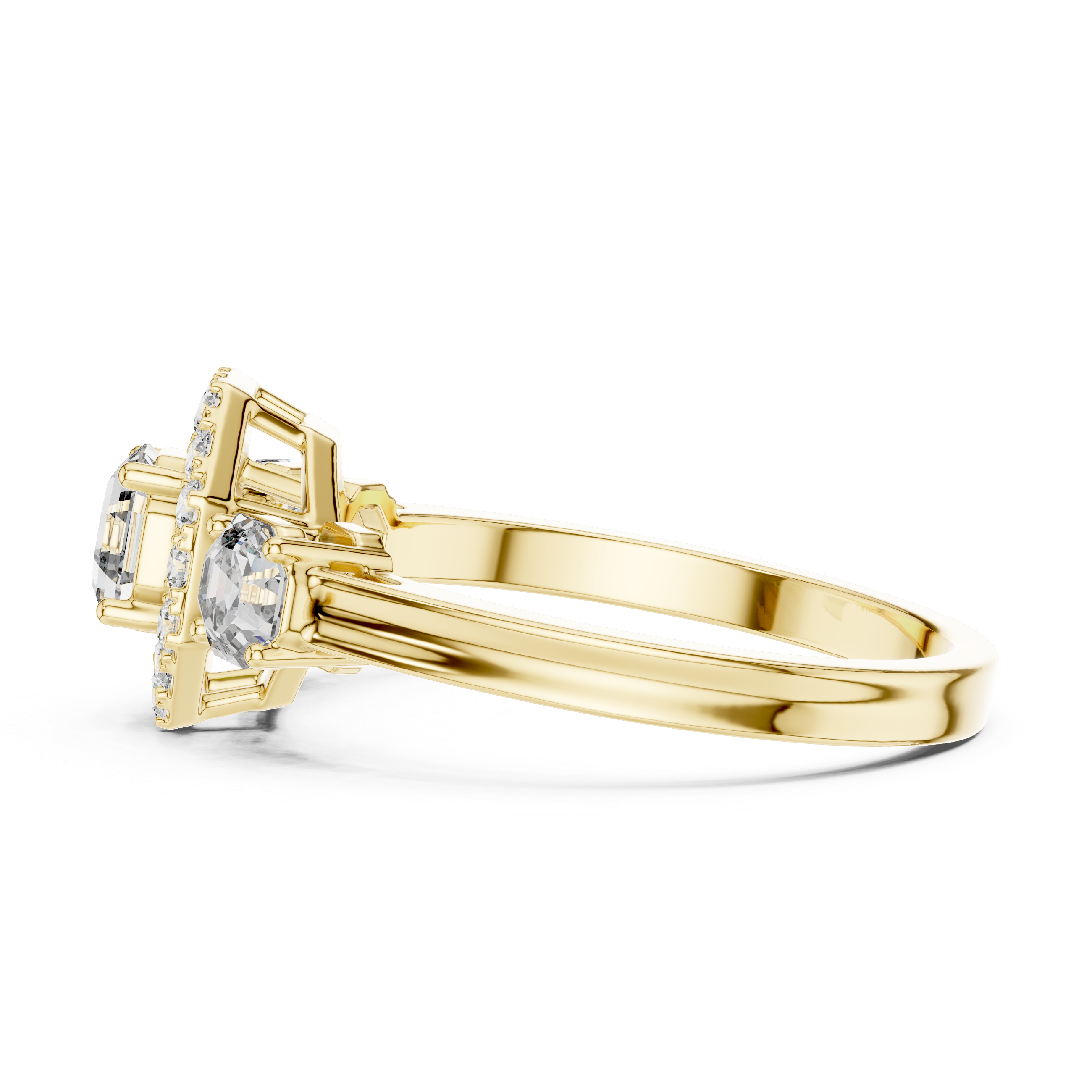 Gold ring with diamond accents on a white background