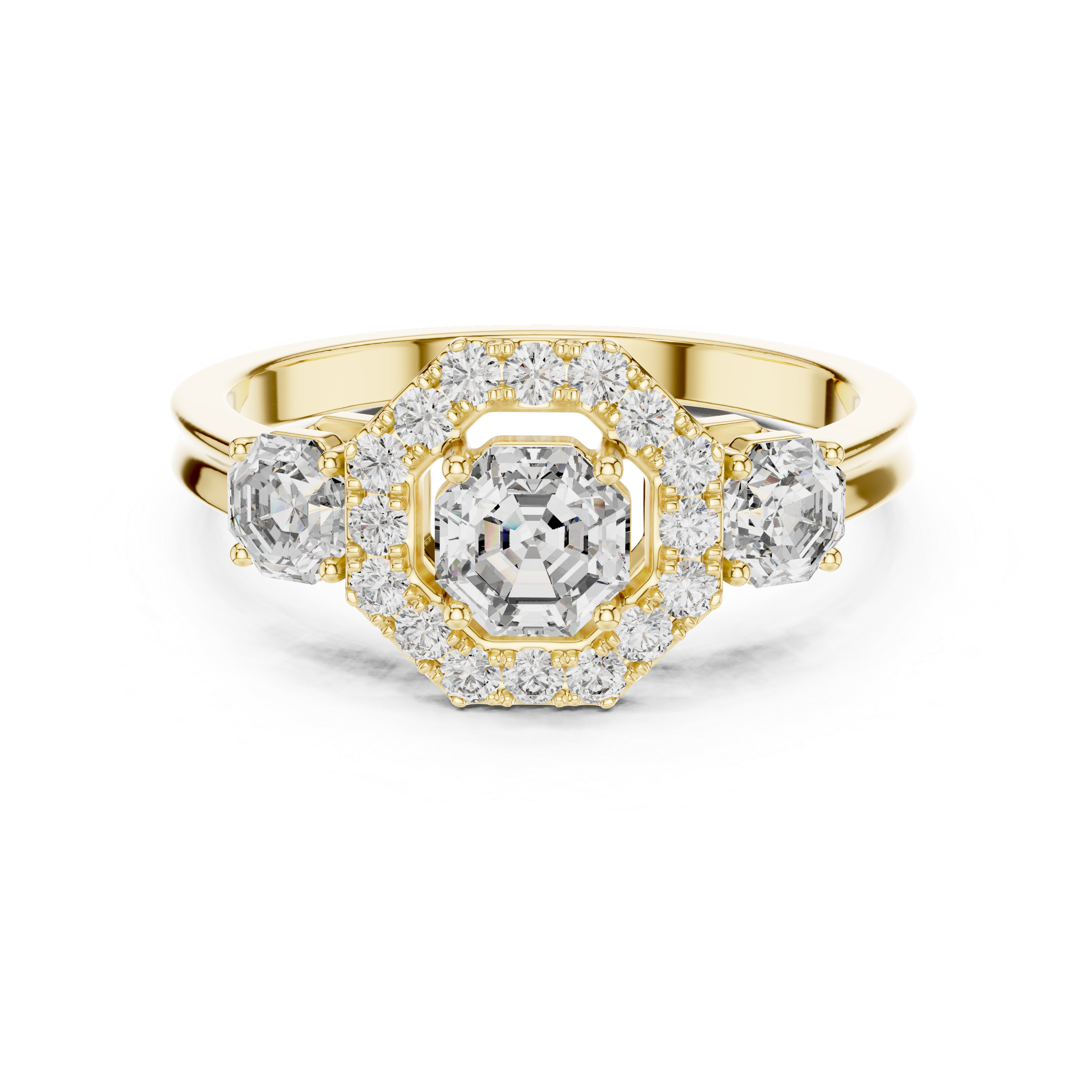 Gold ring with a diamond center stone on a white background