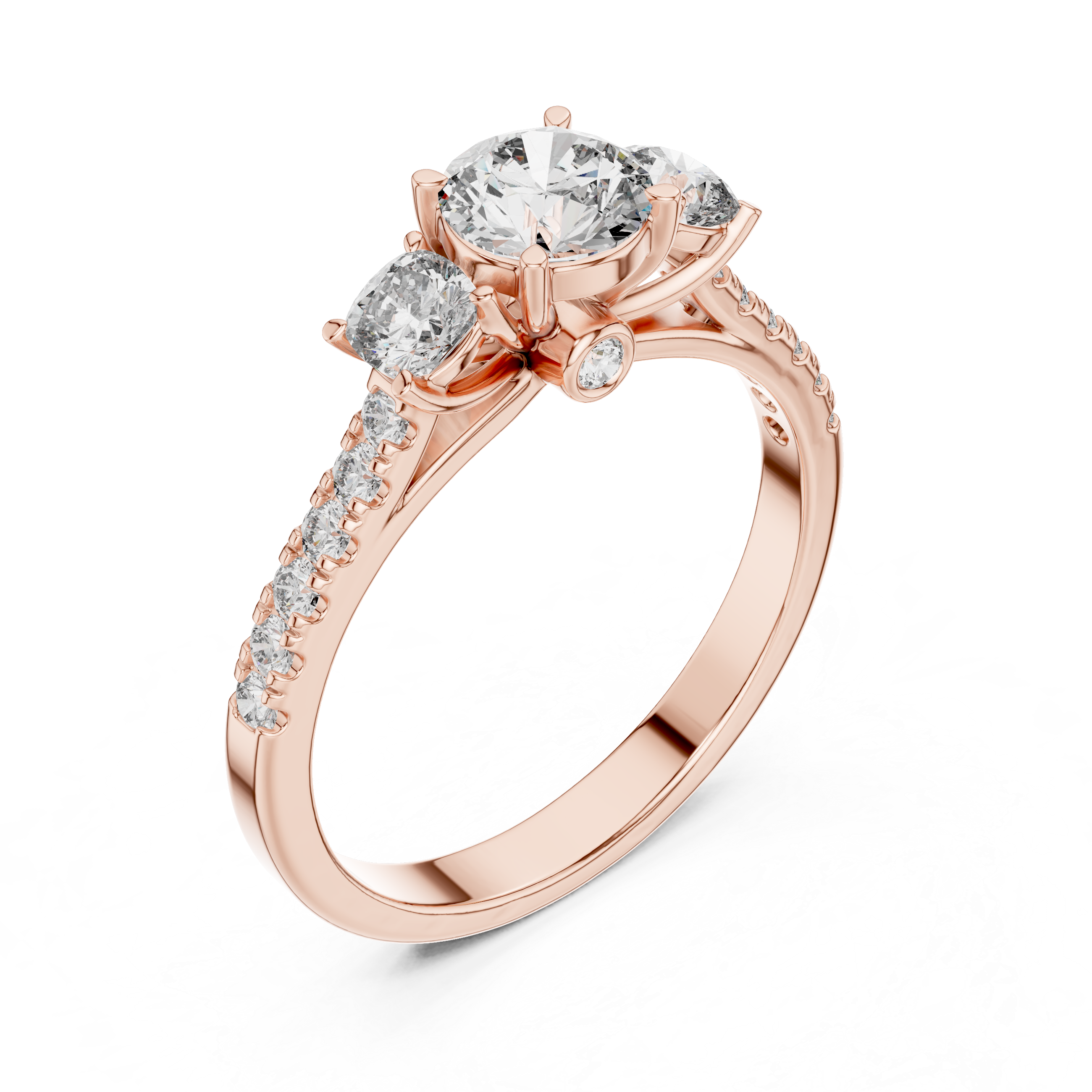 Rose gold ring with two prominent diamonds on a white background