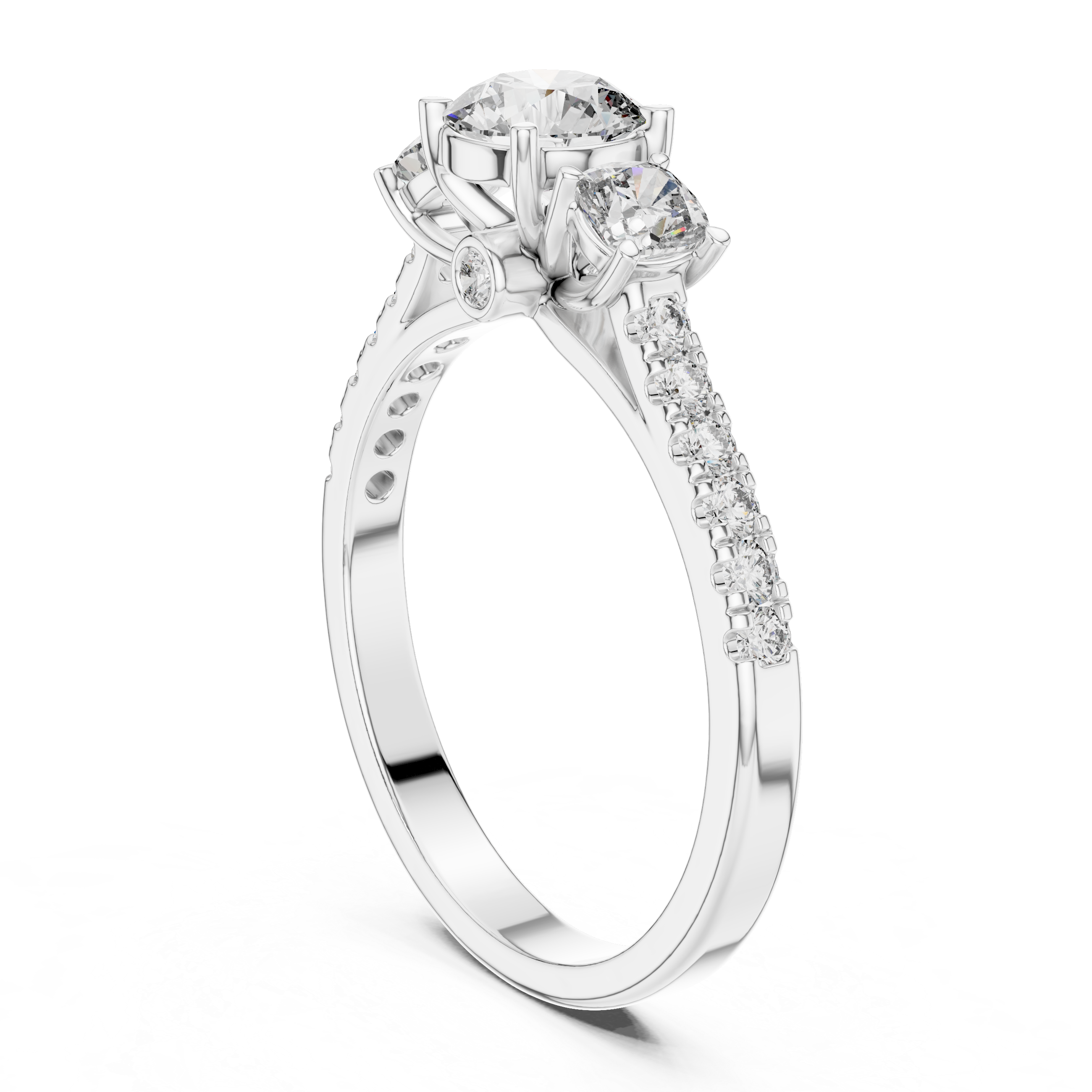 Diamond ring with a central stone and smaller stones on a white background