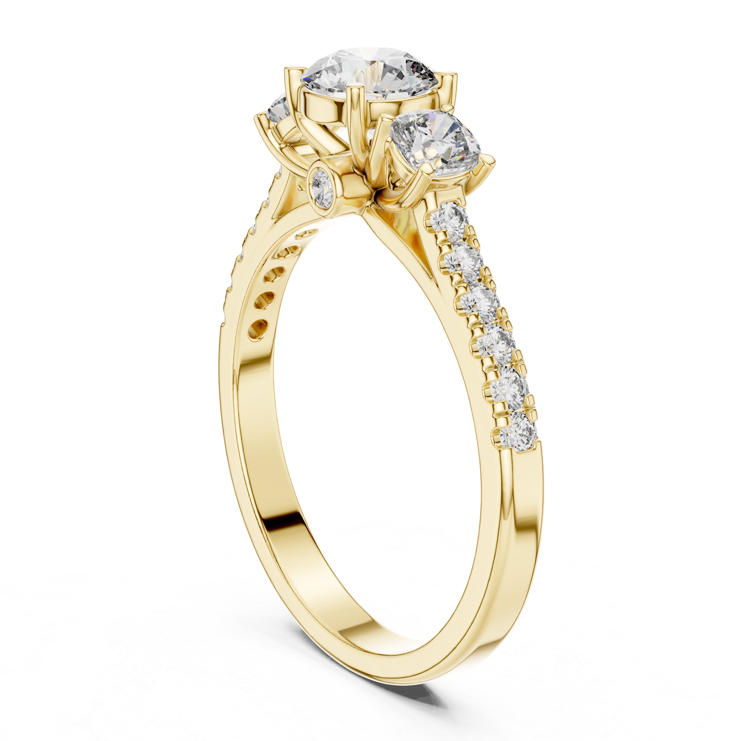 Gold ring with diamond accents on a white background