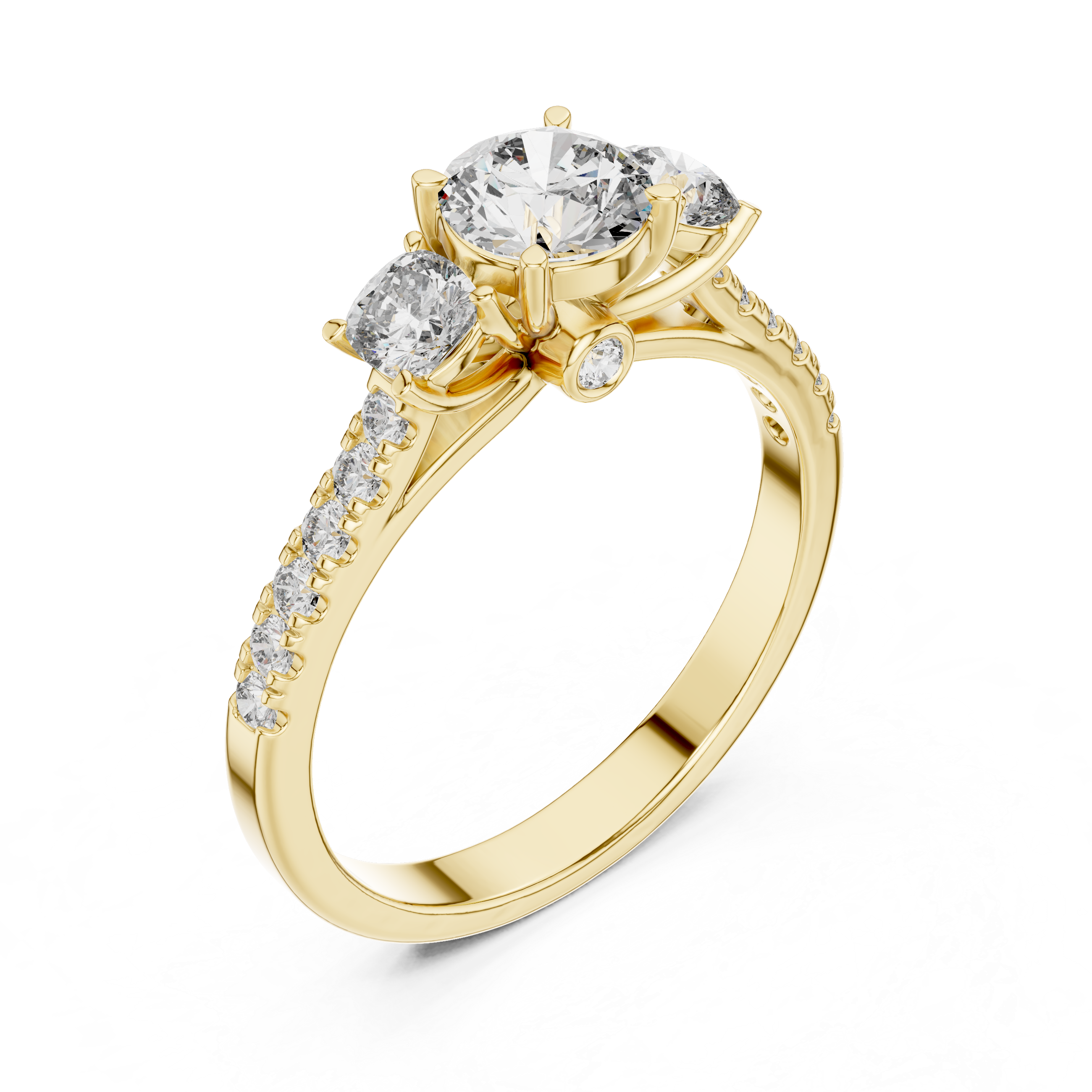 Gold ring with two diamonds on a white background