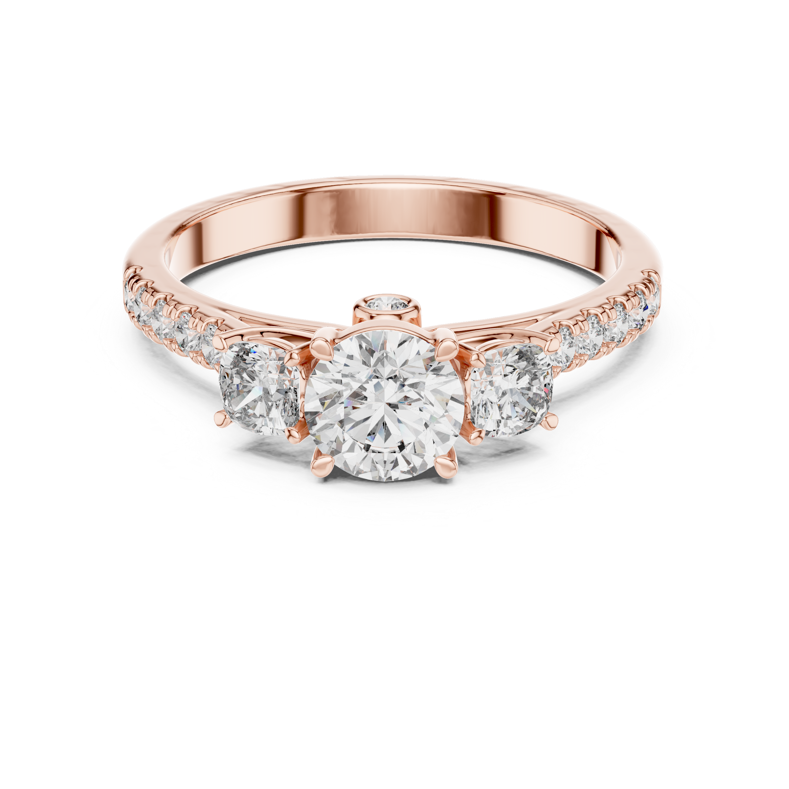 Rose gold ring with a diamond on a white background