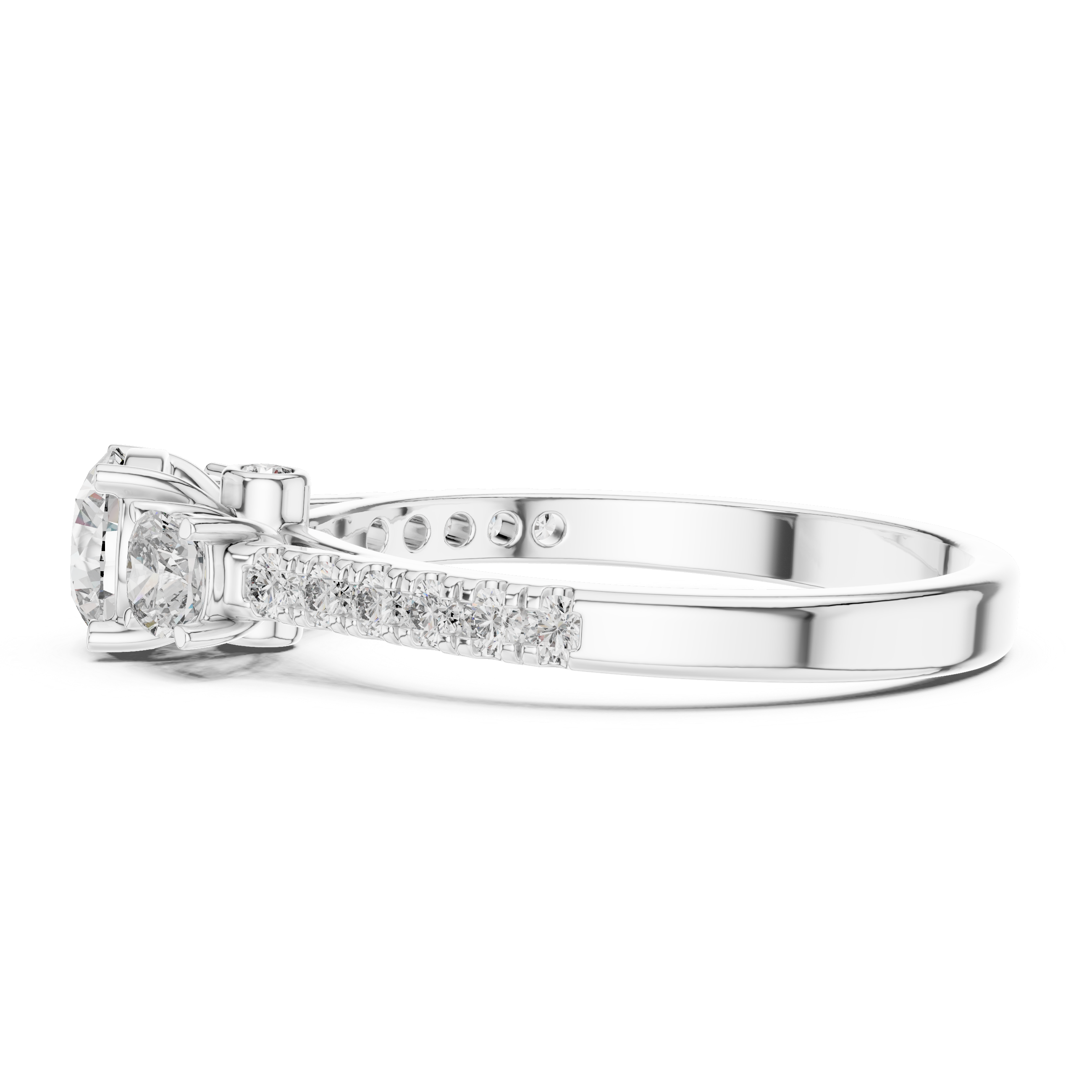 Diamond ring with a white gold band on a white background