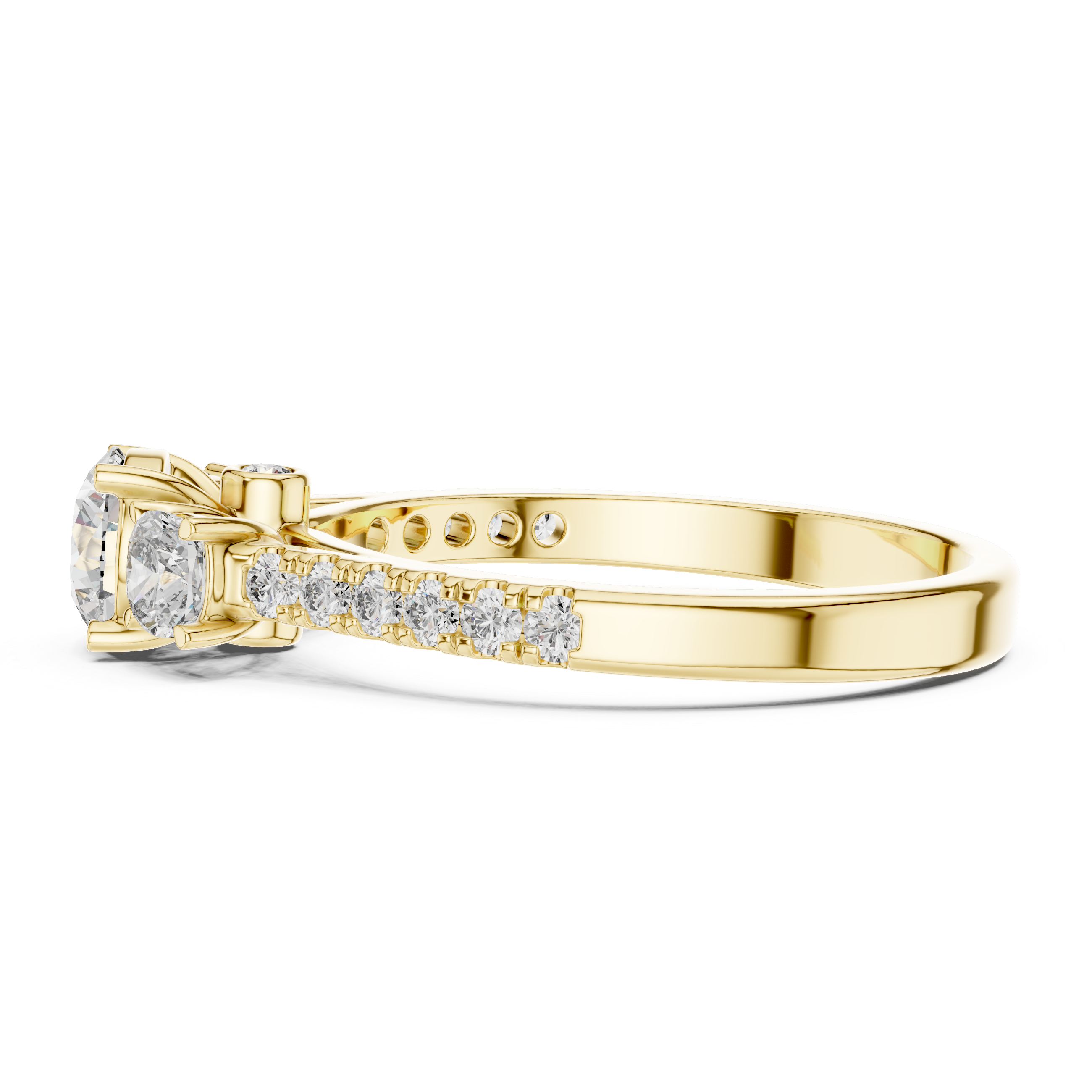 Gold ring with diamond accents on a white background