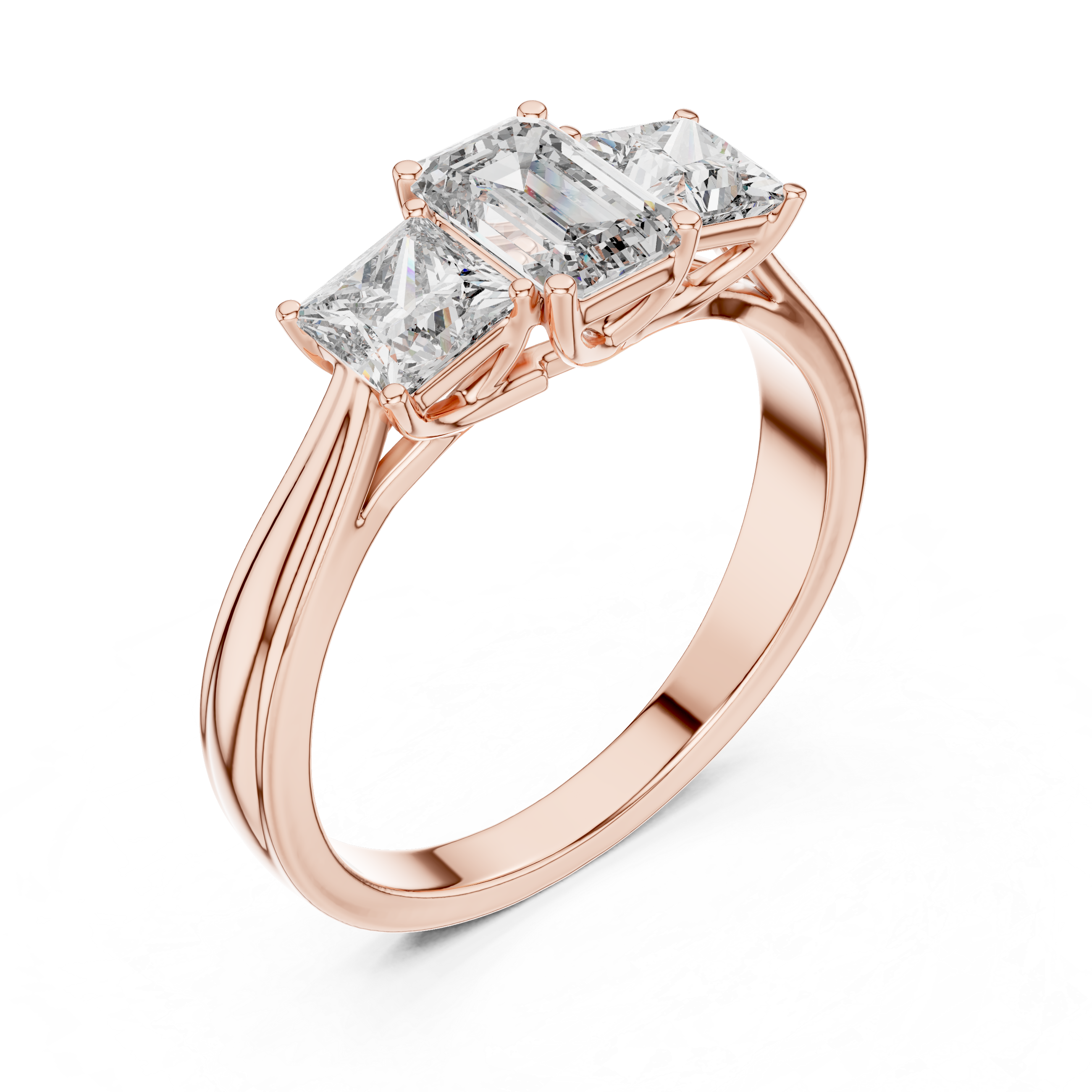 Rose gold ring with two large diamonds on a white background