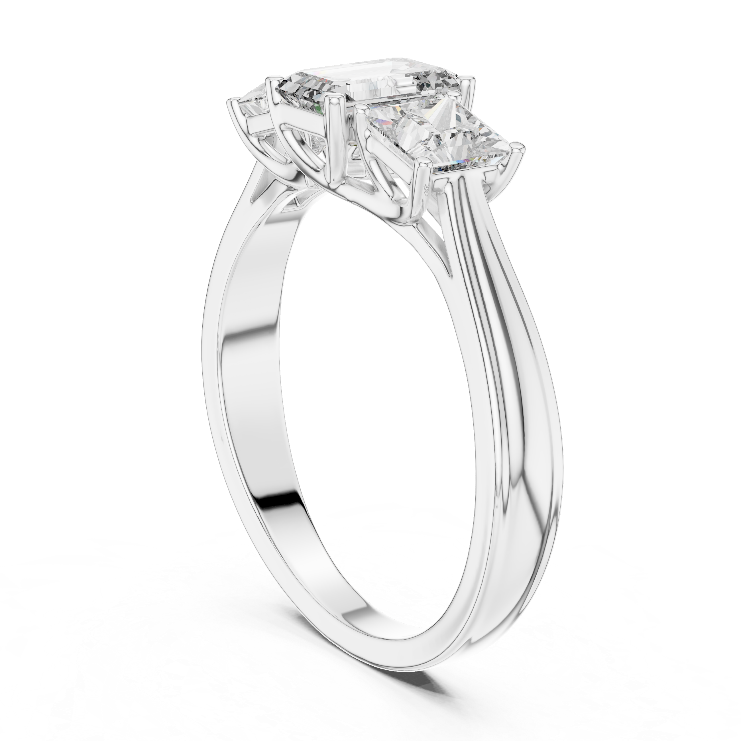 Diamond ring with three-prong setting on a white background