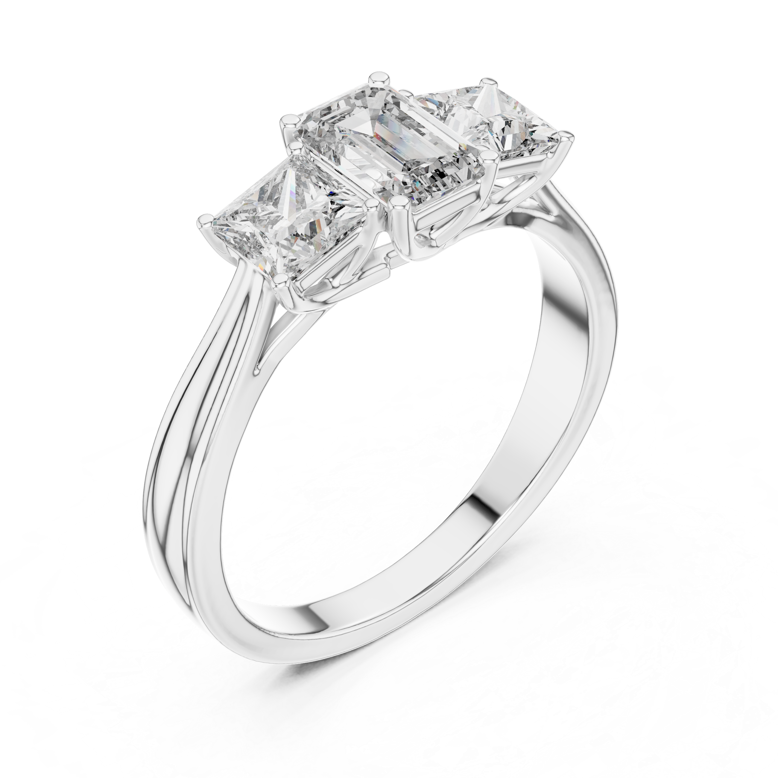 Diamond ring with three princess-cut diamonds on a white background