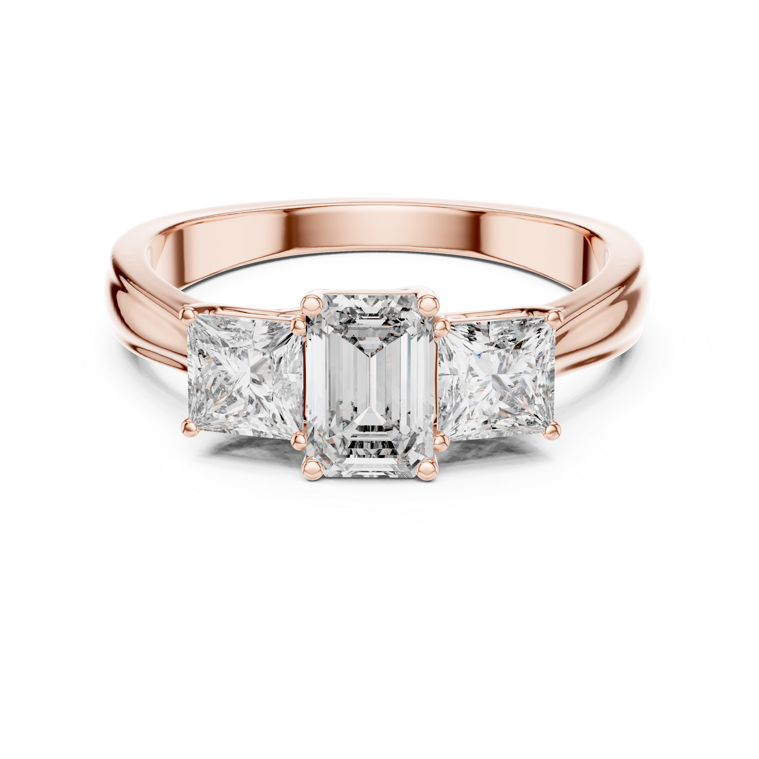 Rose gold ring with three diamond stones on a white background