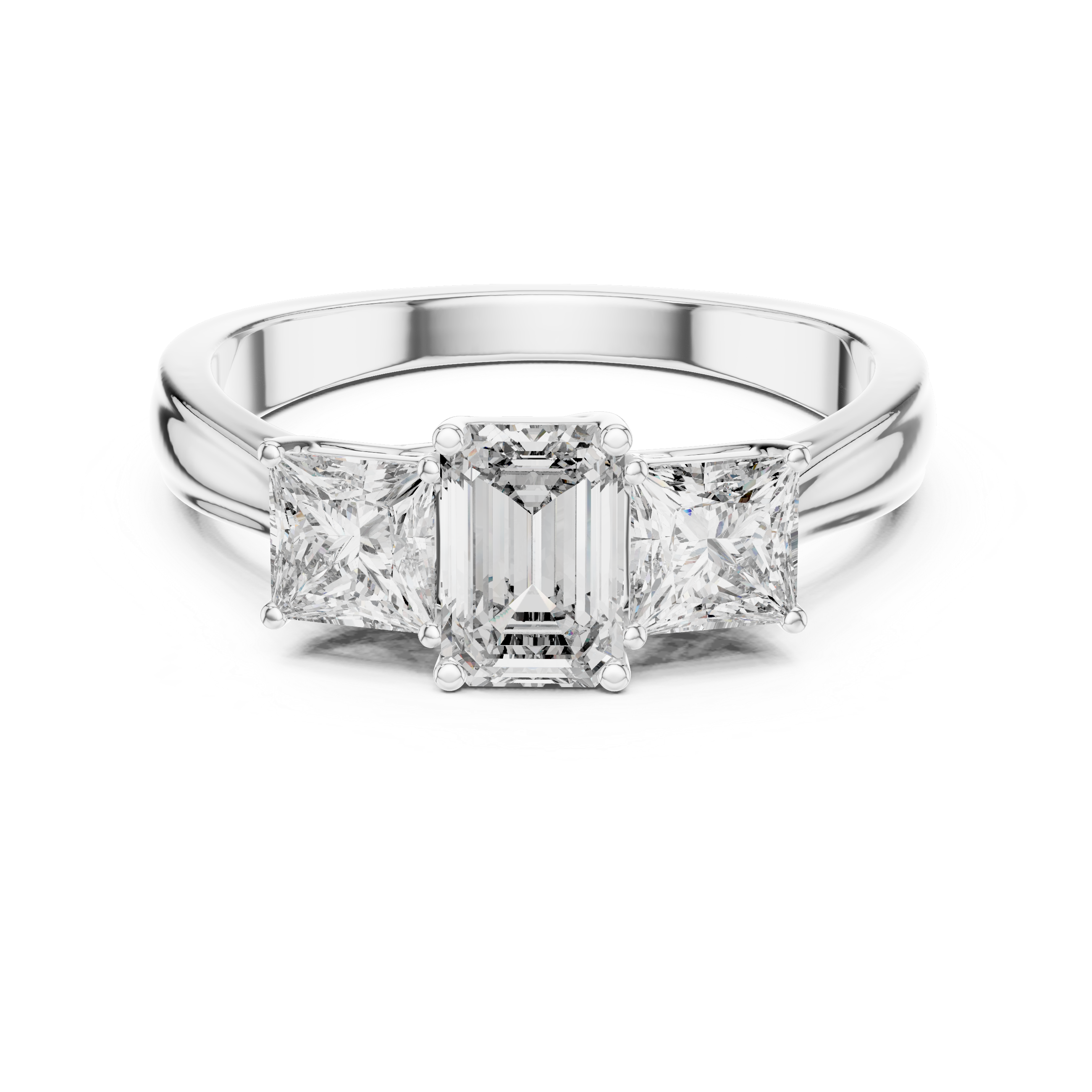Diamond ring with a central emerald-cut diamond and two side stones on a white background