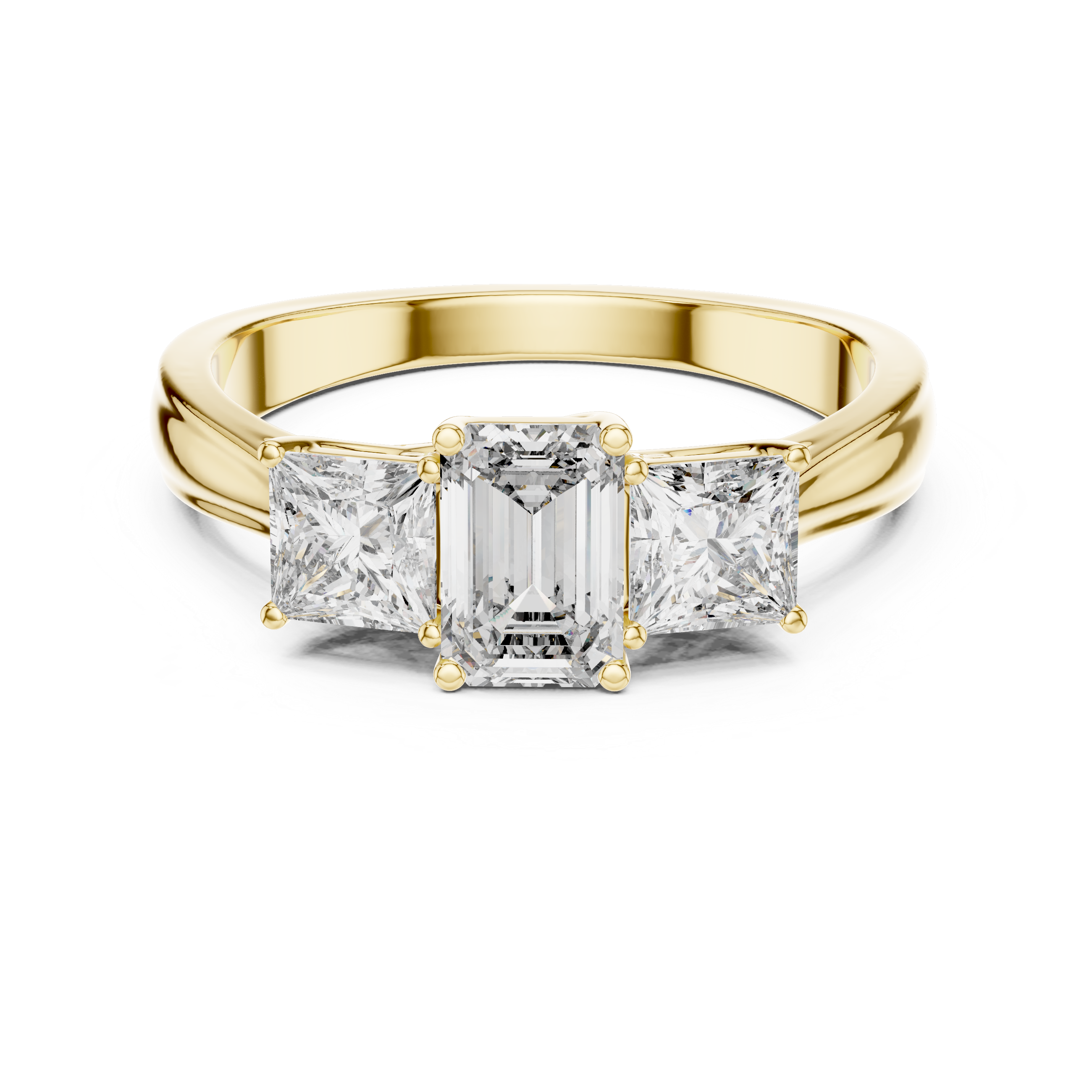Gold ring with emerald-cut diamonds on a white background