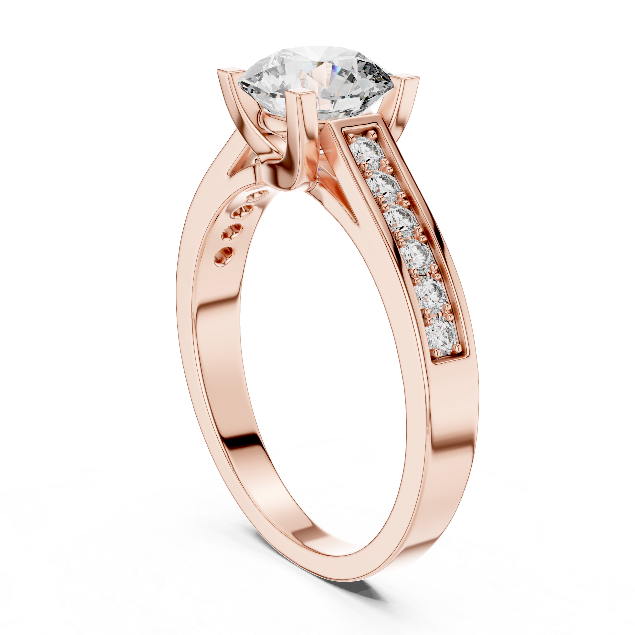 Rose gold ring with a diamond on a white background