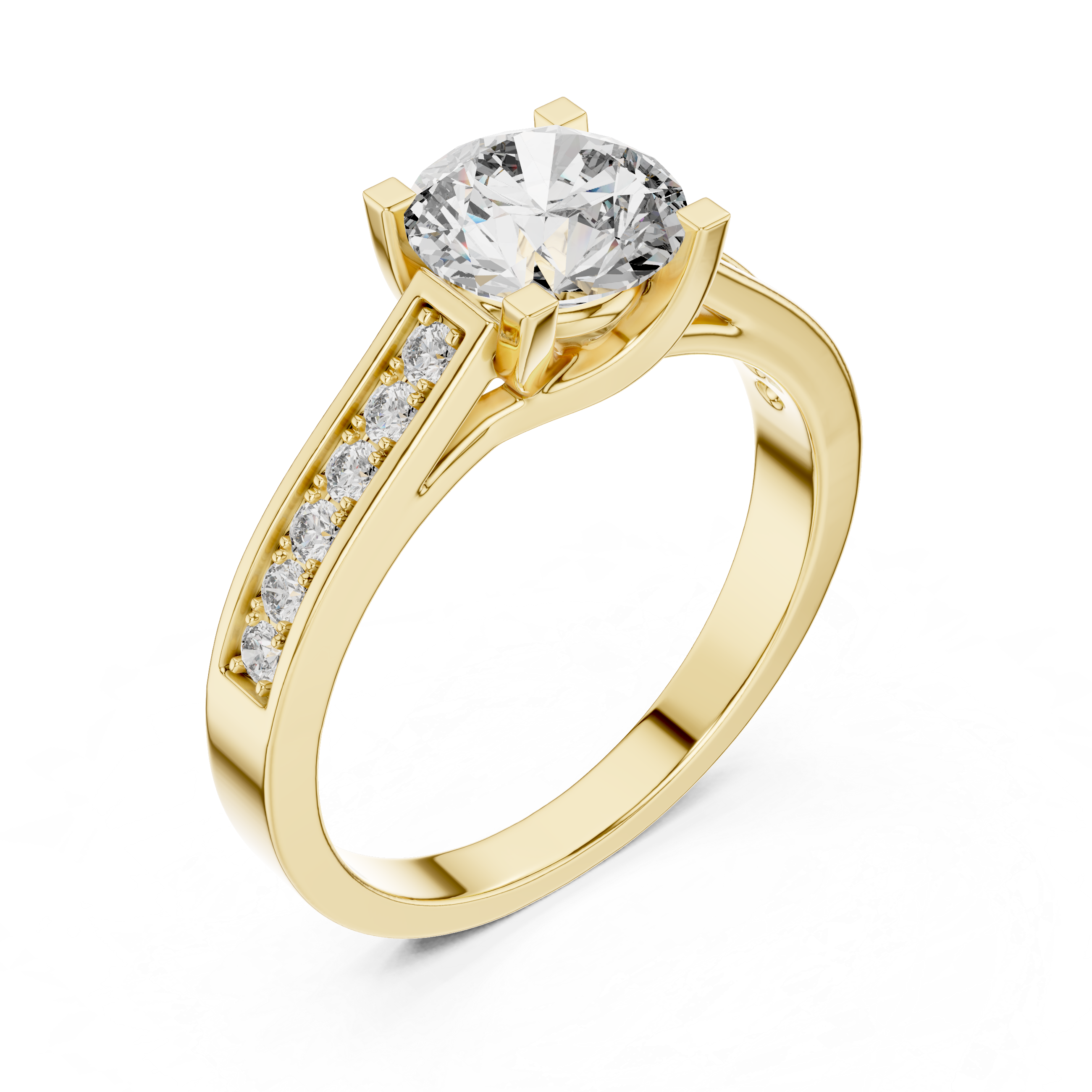 Gold ring with a large diamond and smaller diamonds on the band against a white background