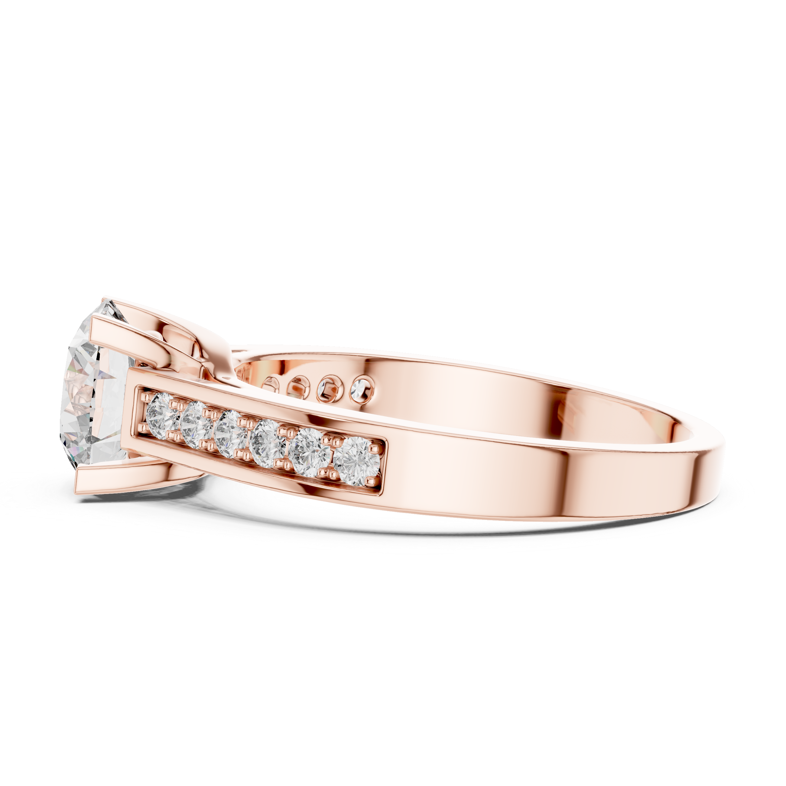 Rose gold ring with diamond accents on a white background