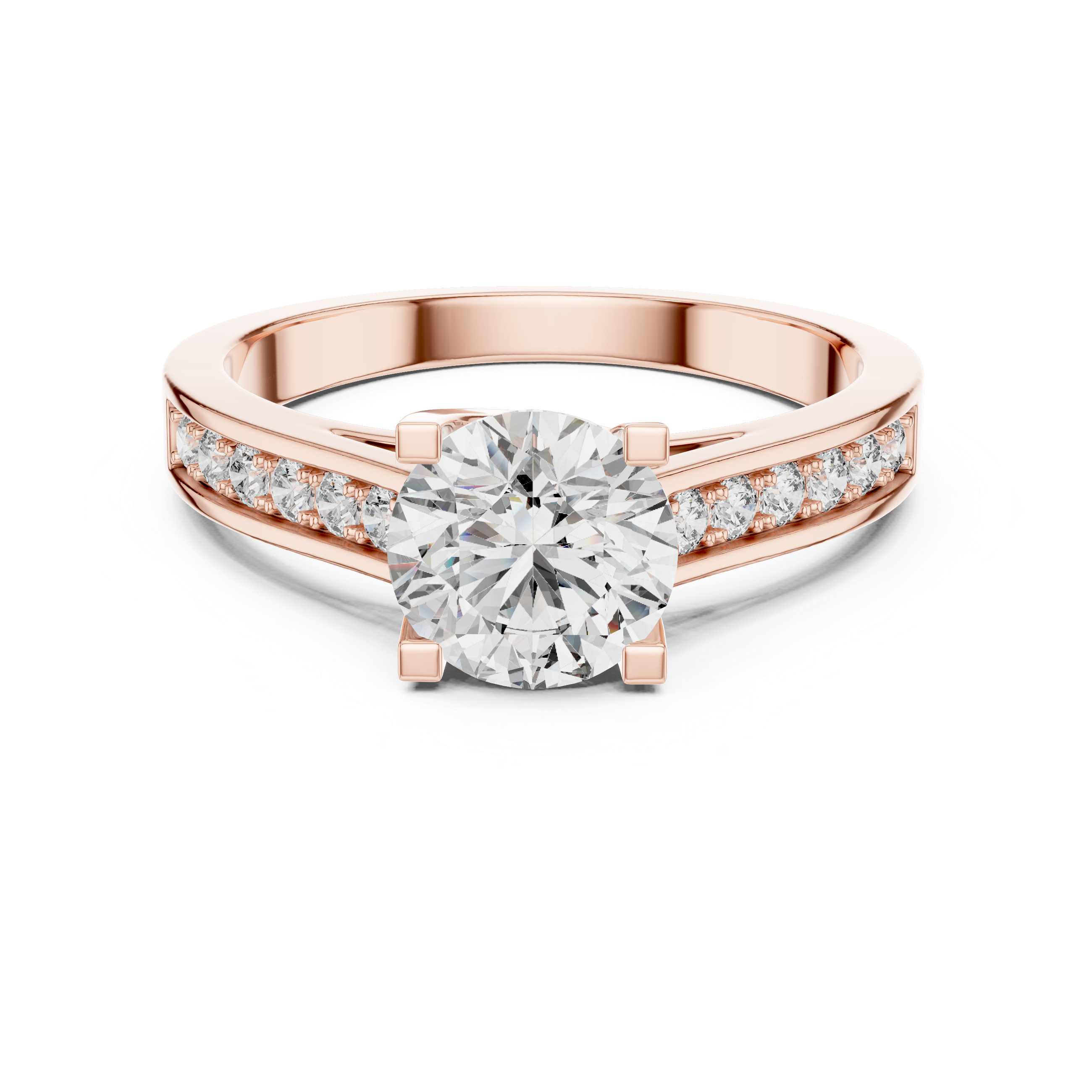 Rose gold ring with a large diamond and smaller diamonds on the band against a white background