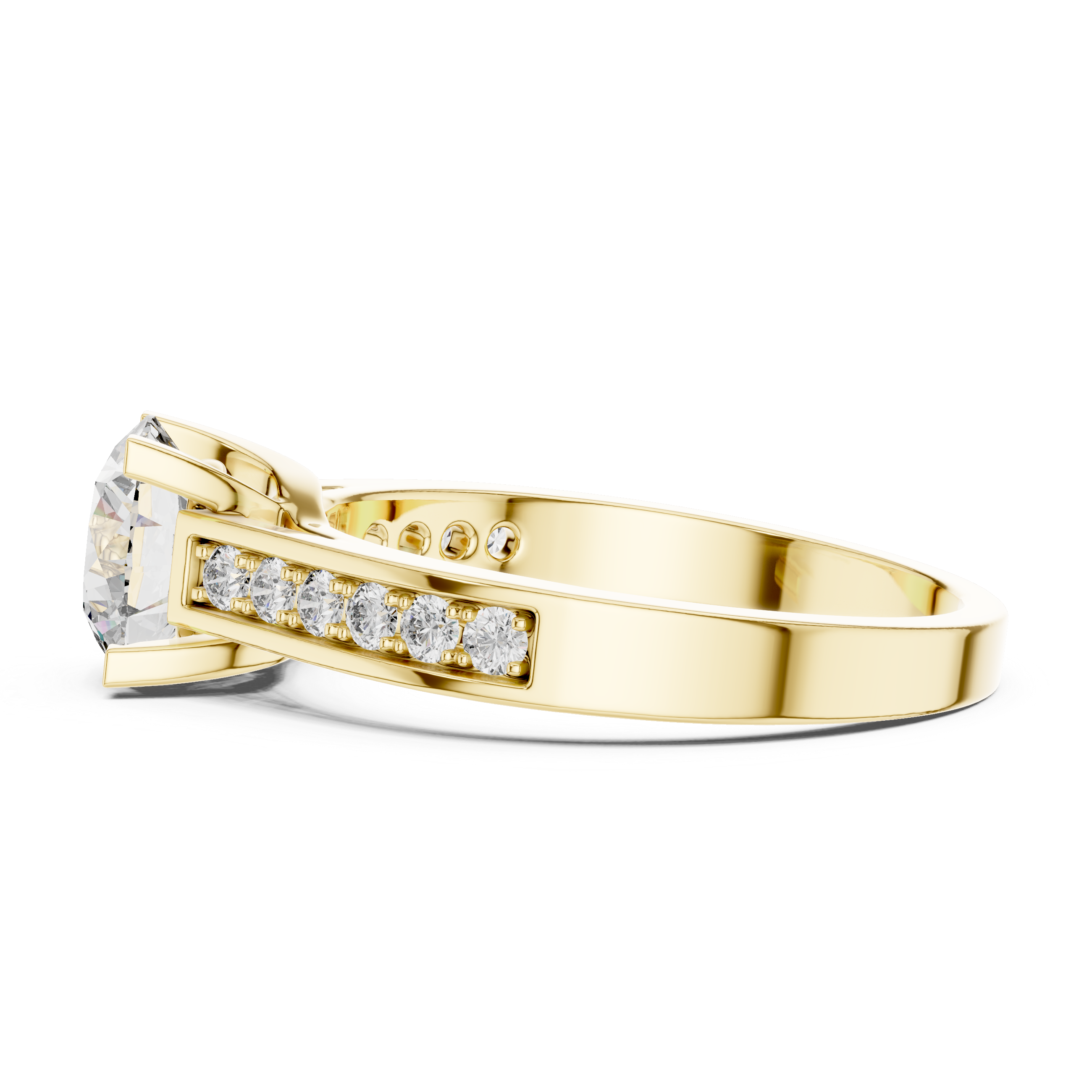 Gold ring with diamond accents on a white background