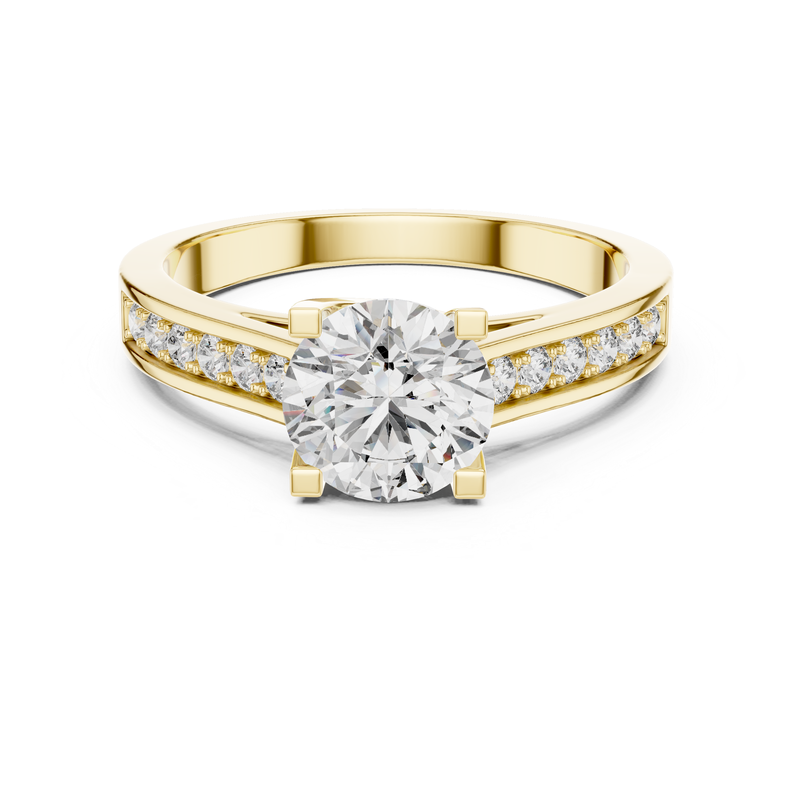 Gold ring with a large diamond and smaller diamonds on the band against a white background