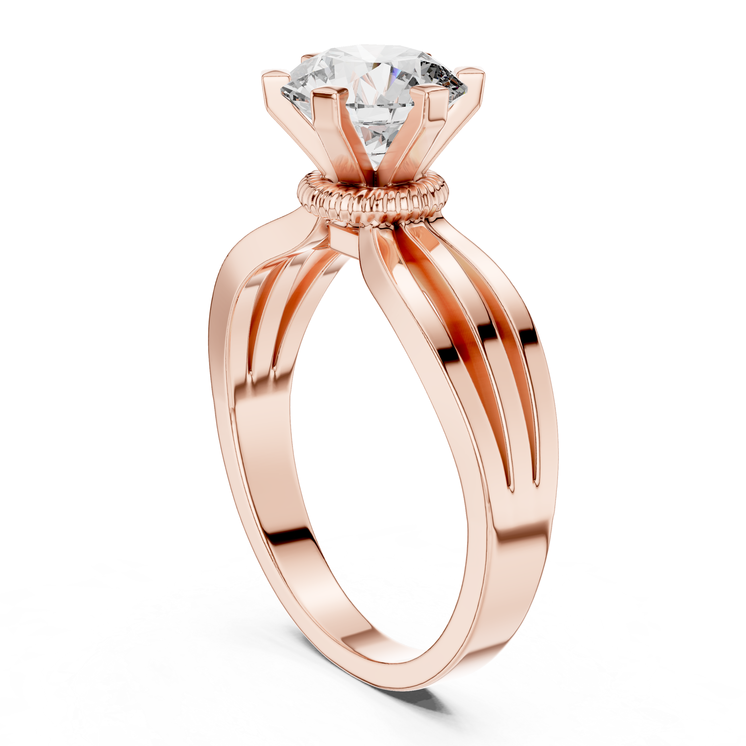 Rose gold ring with a diamond on a white background