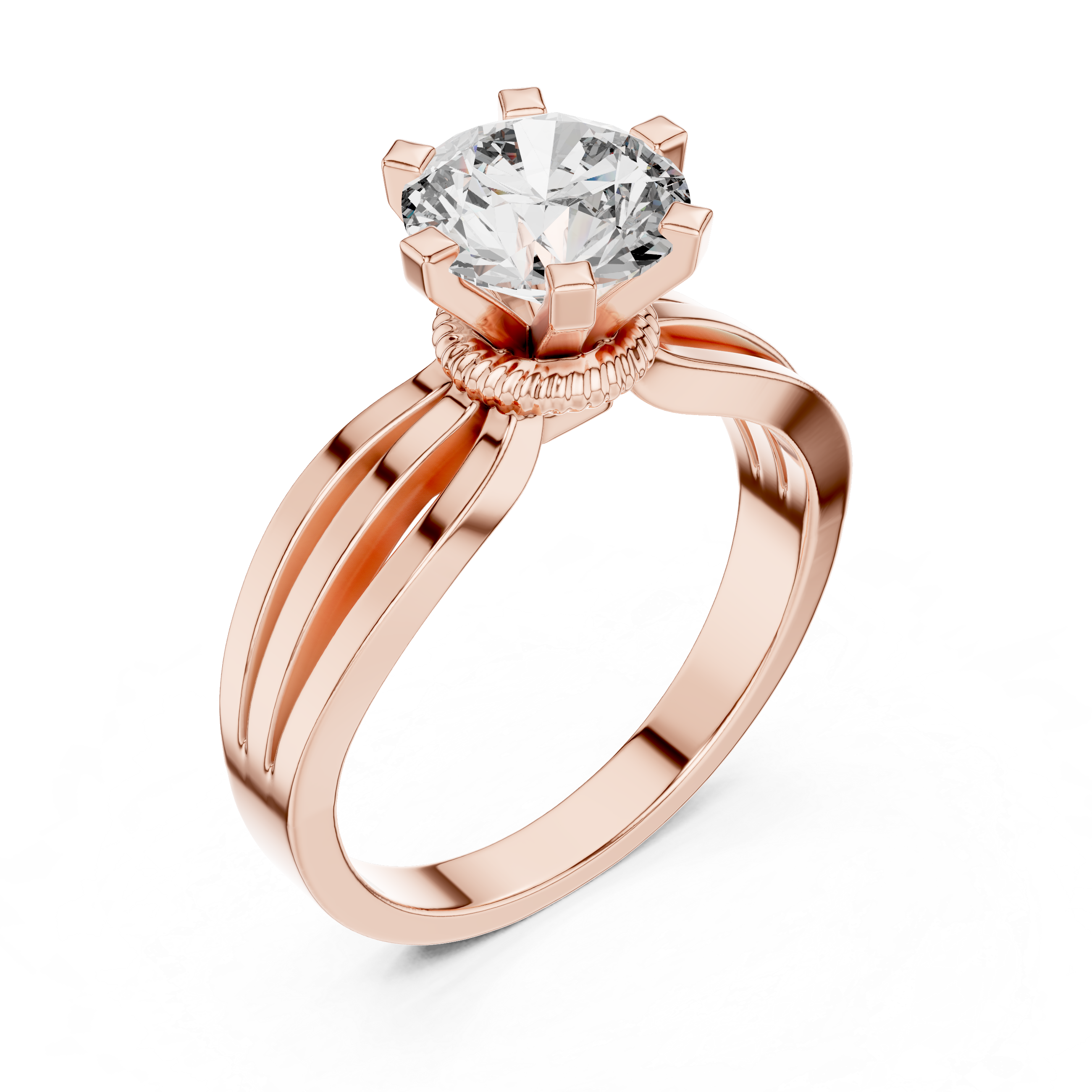 Rose gold ring with a large diamond on a white background