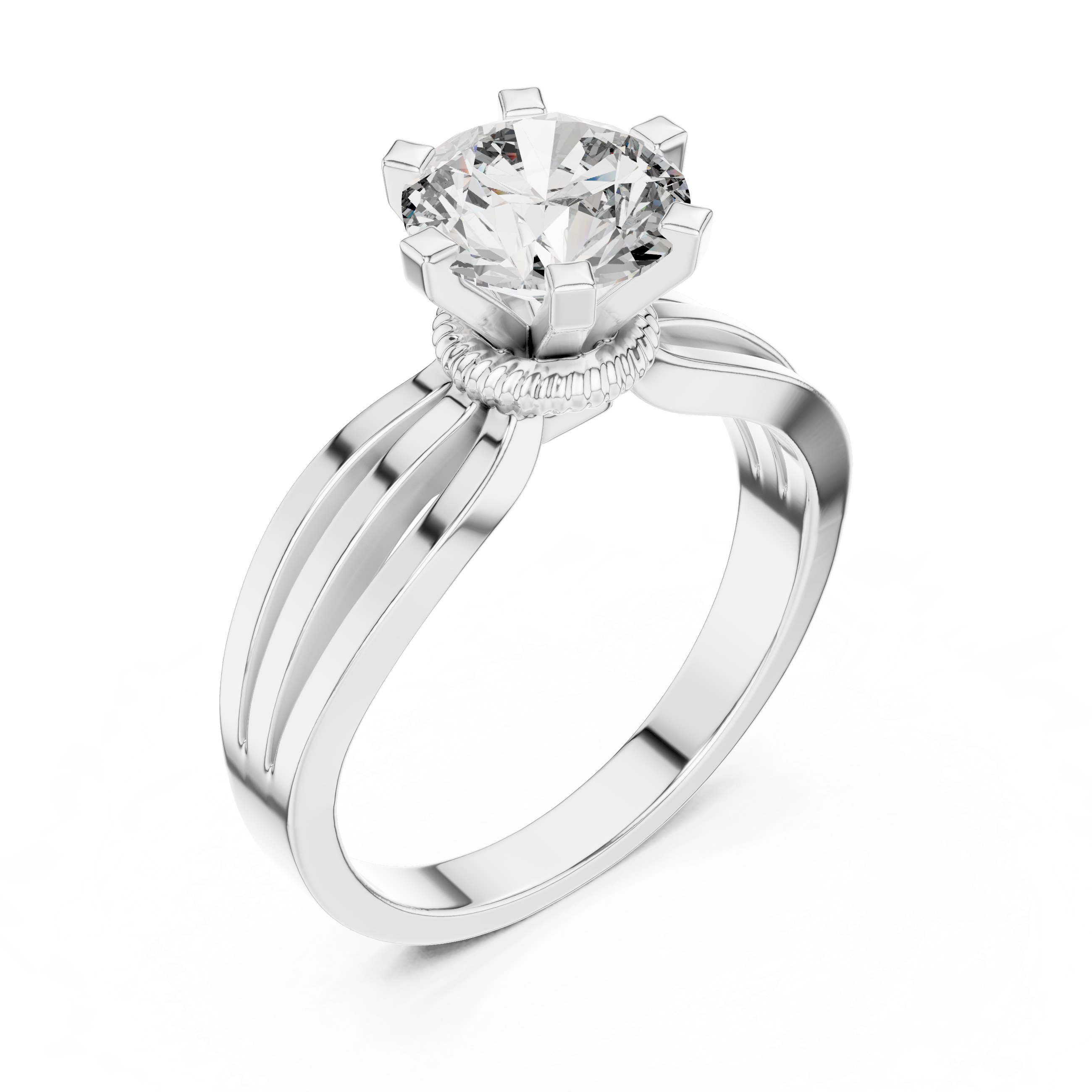 Diamond ring with a white gold band on a white background