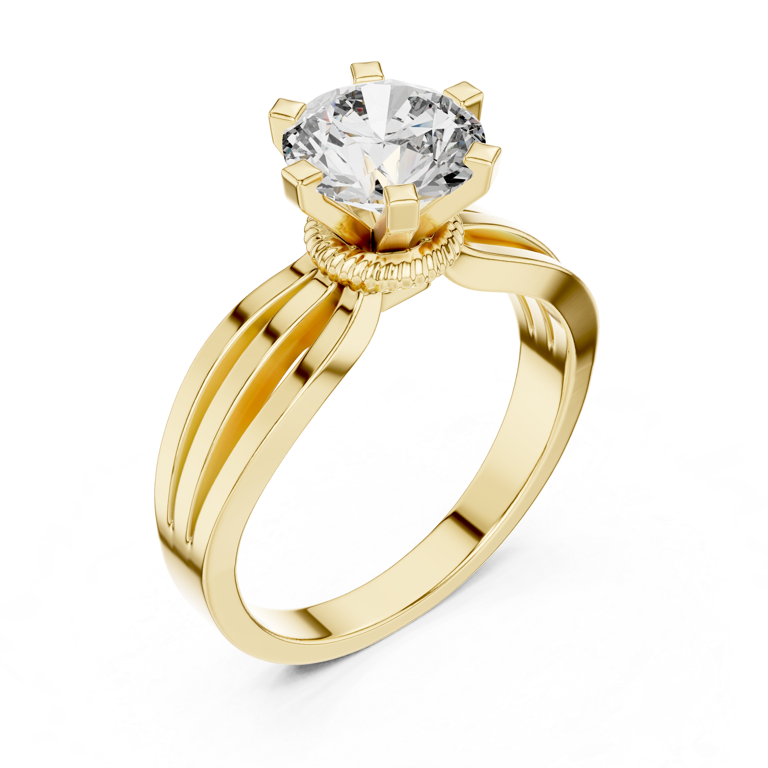 Gold ring with a large diamond on a white background