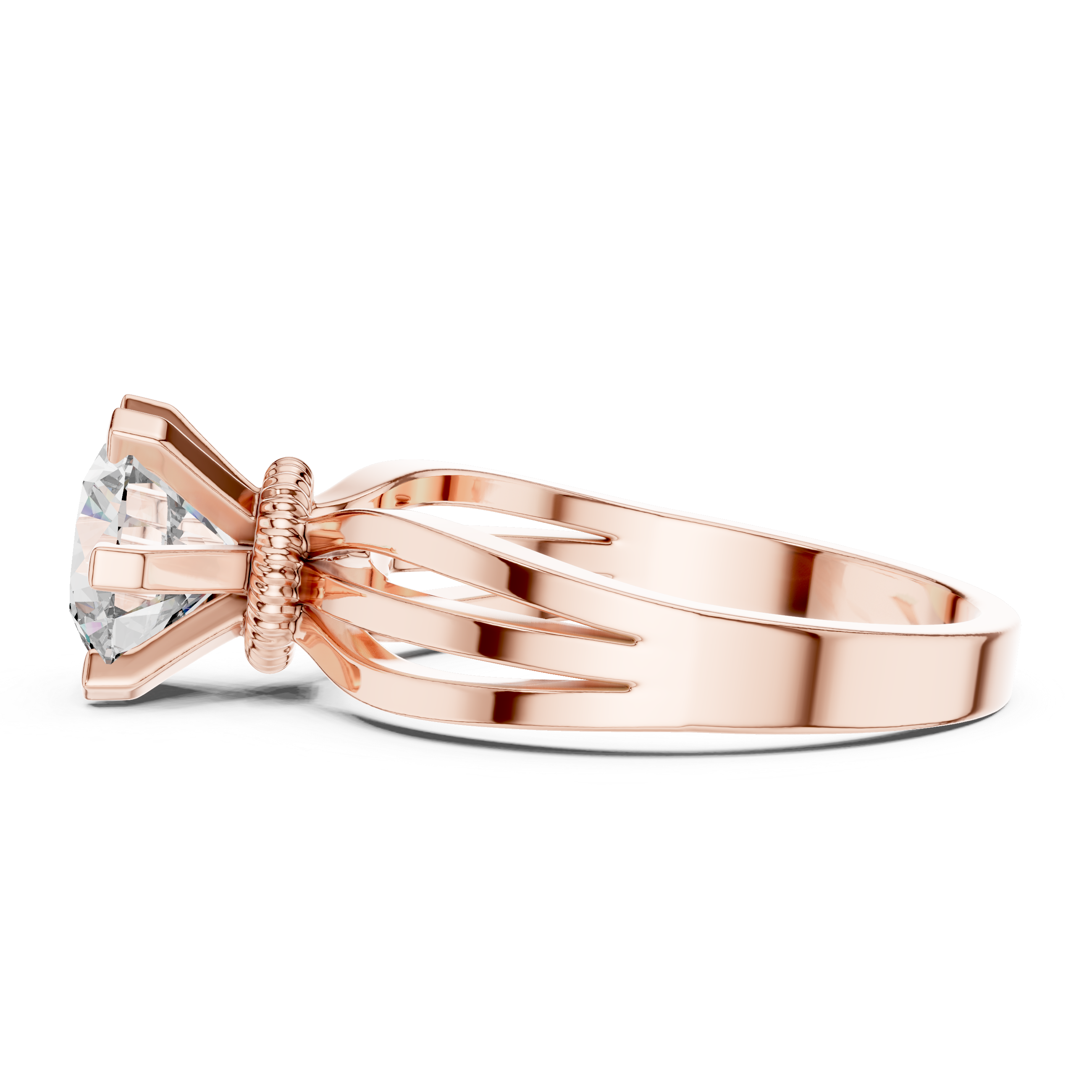 Rose gold ring with a diamond on a white background