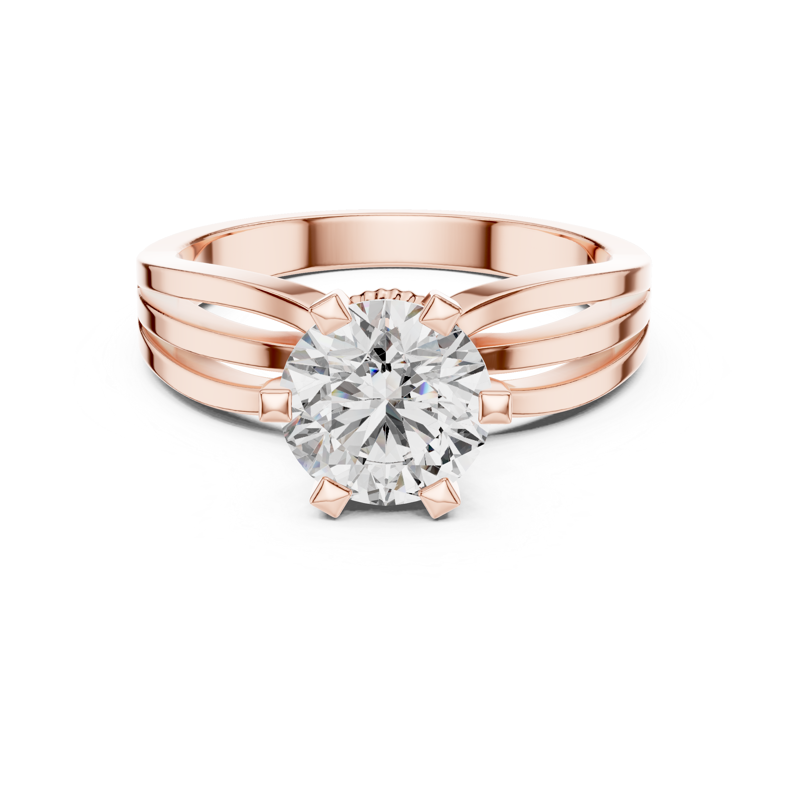 Rose gold ring with a large diamond on a white background