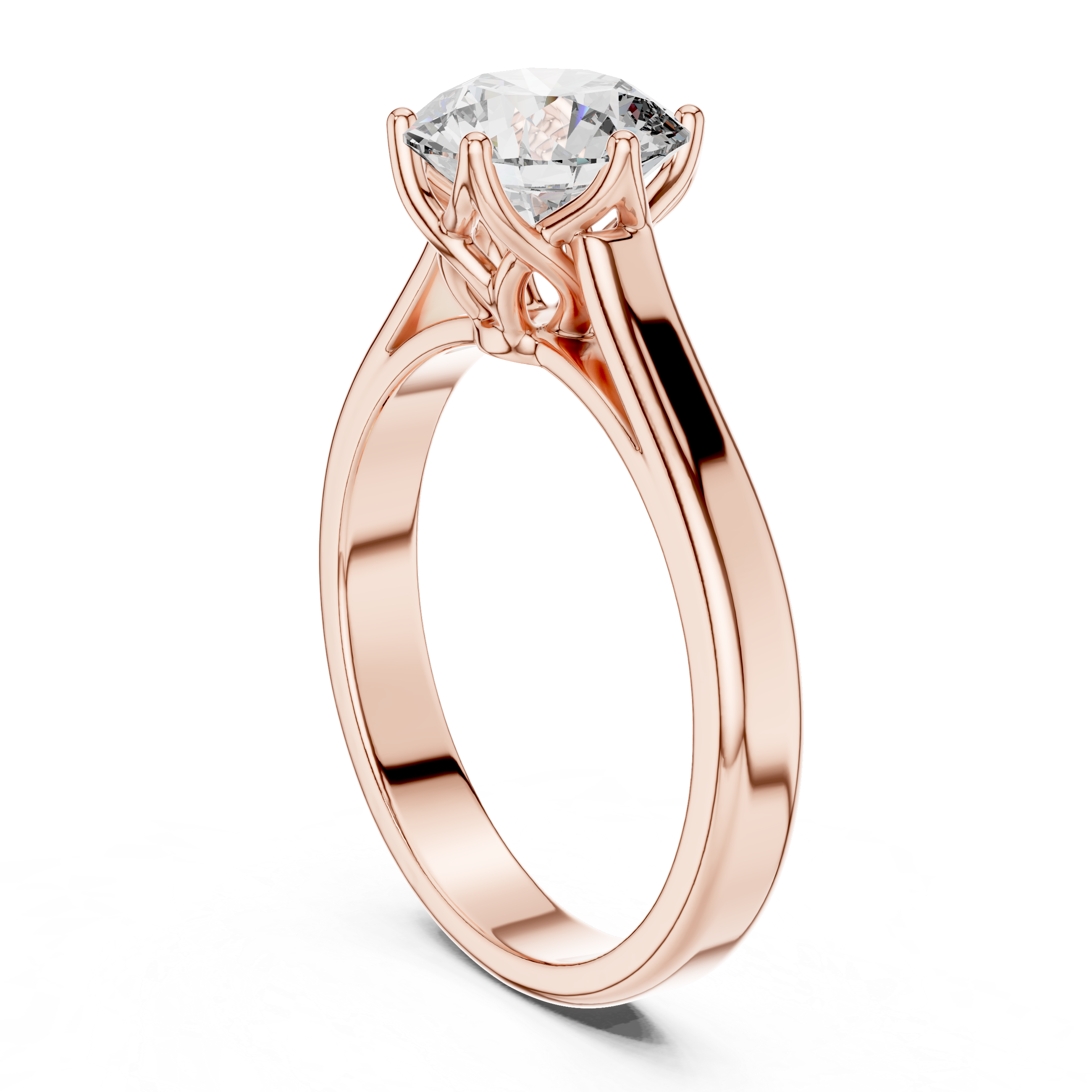 Rose gold ring with a large diamond on a white background
