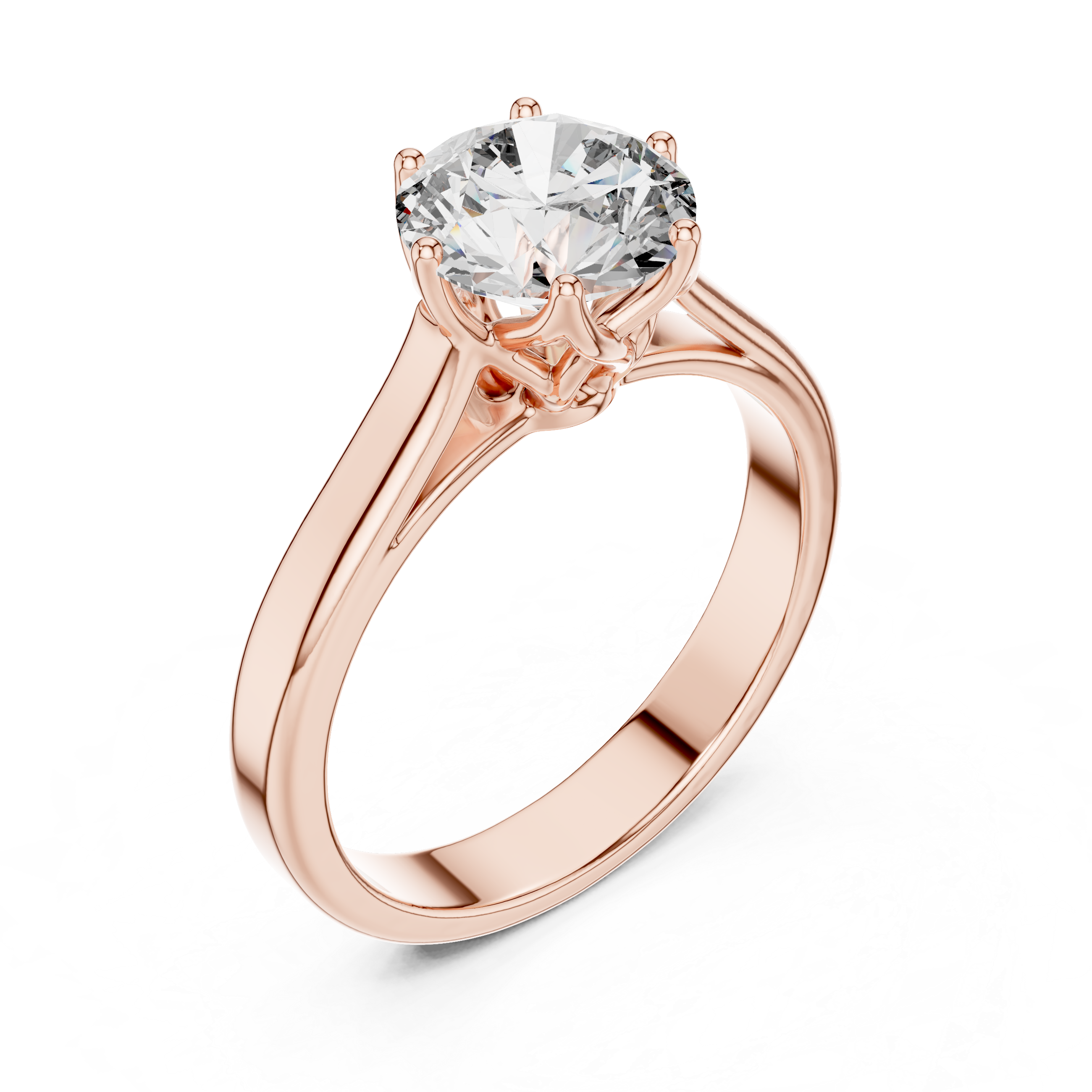 Rose gold ring with a large diamond on a white background