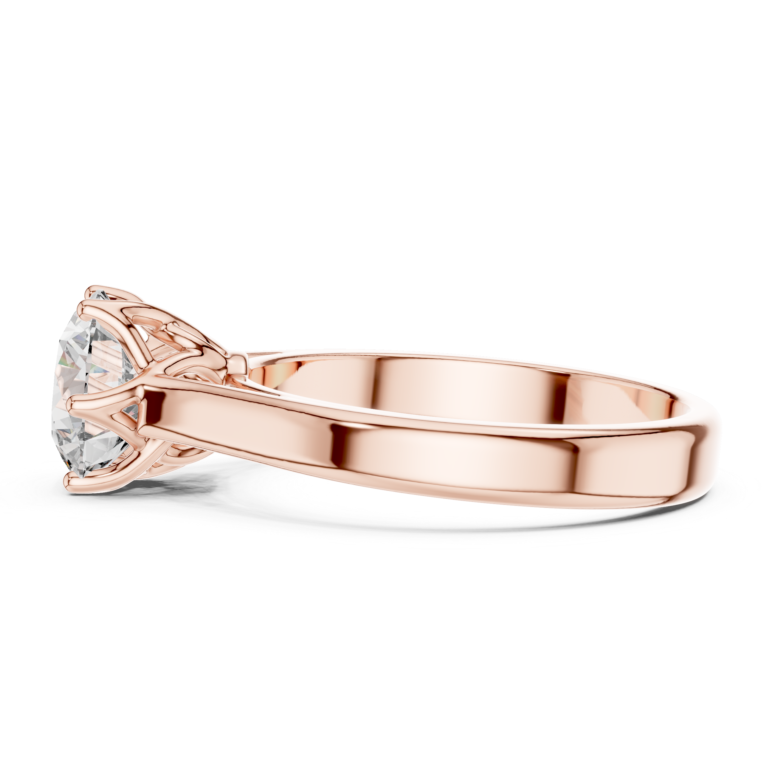 Rose gold ring with a diamond on a white background