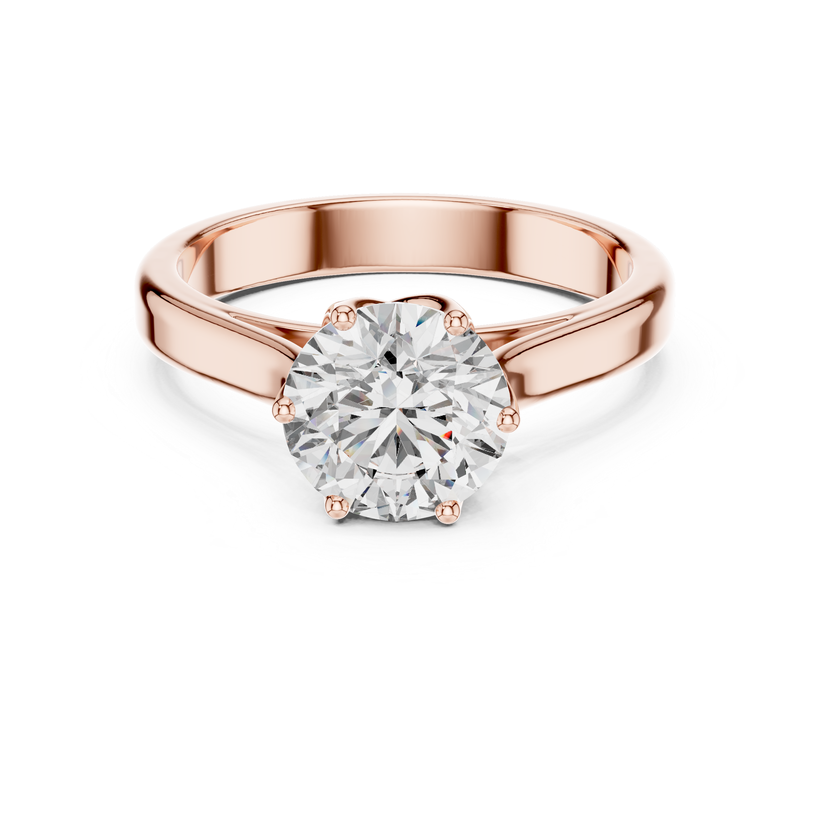 Rose gold ring with a large diamond on a white background