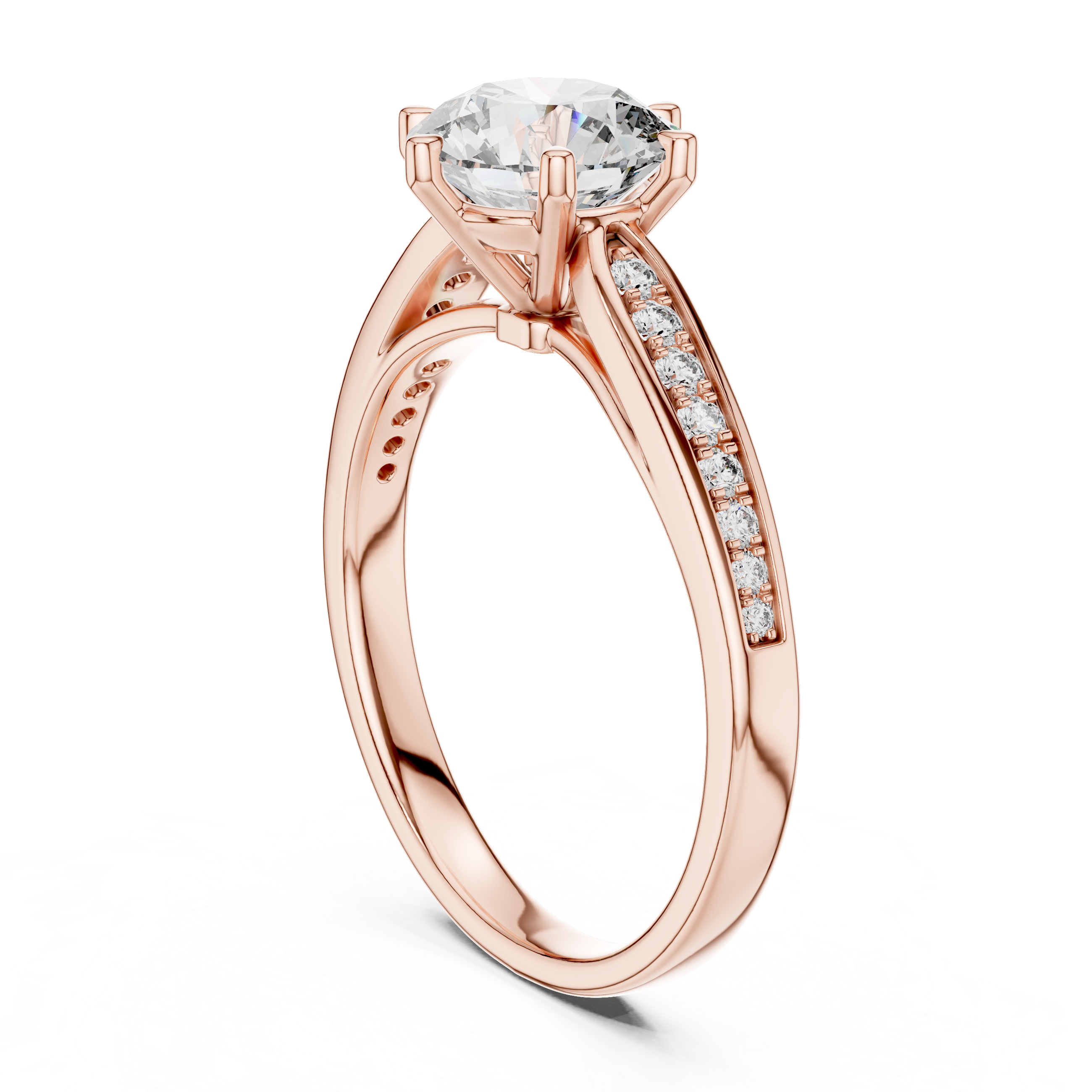 Rose gold ring with a large diamond and smaller diamonds on the band against a white background
