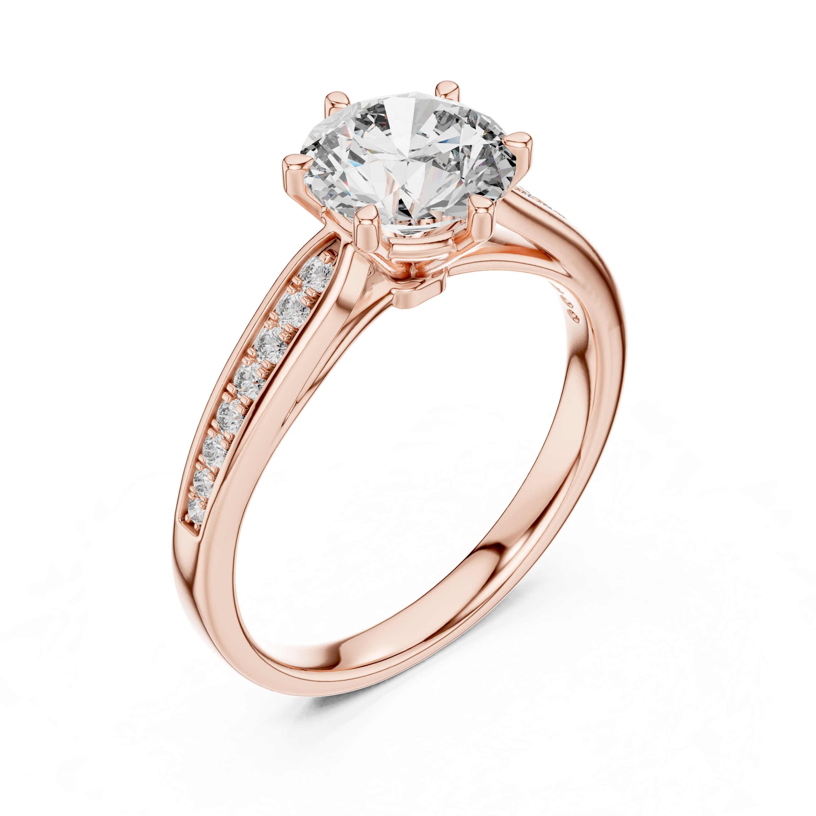 Rose gold ring with a large diamond and smaller diamonds on the band against a white background