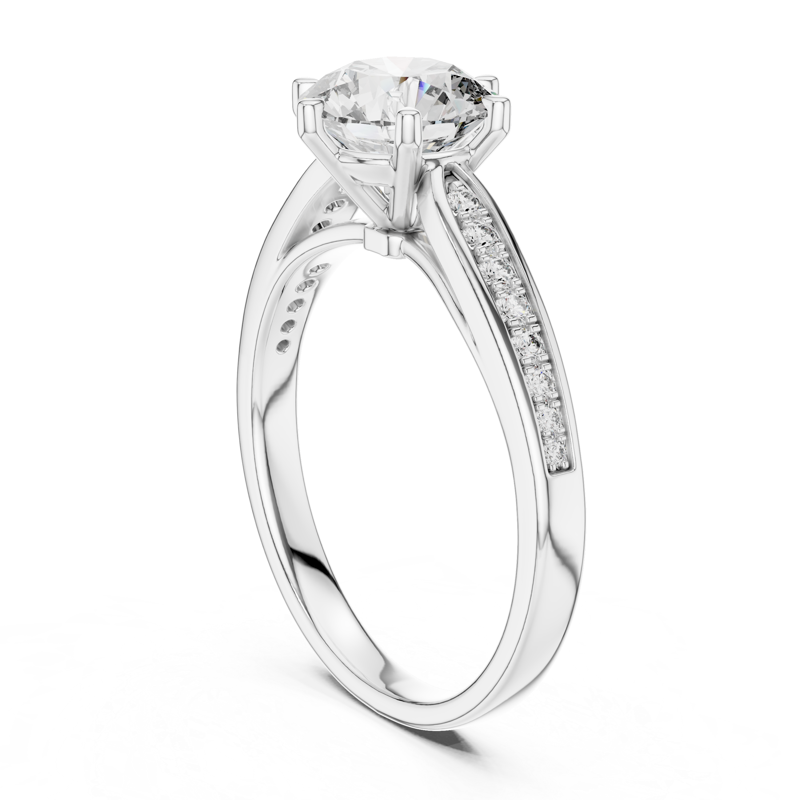 Diamond ring with a white gold band on a white background