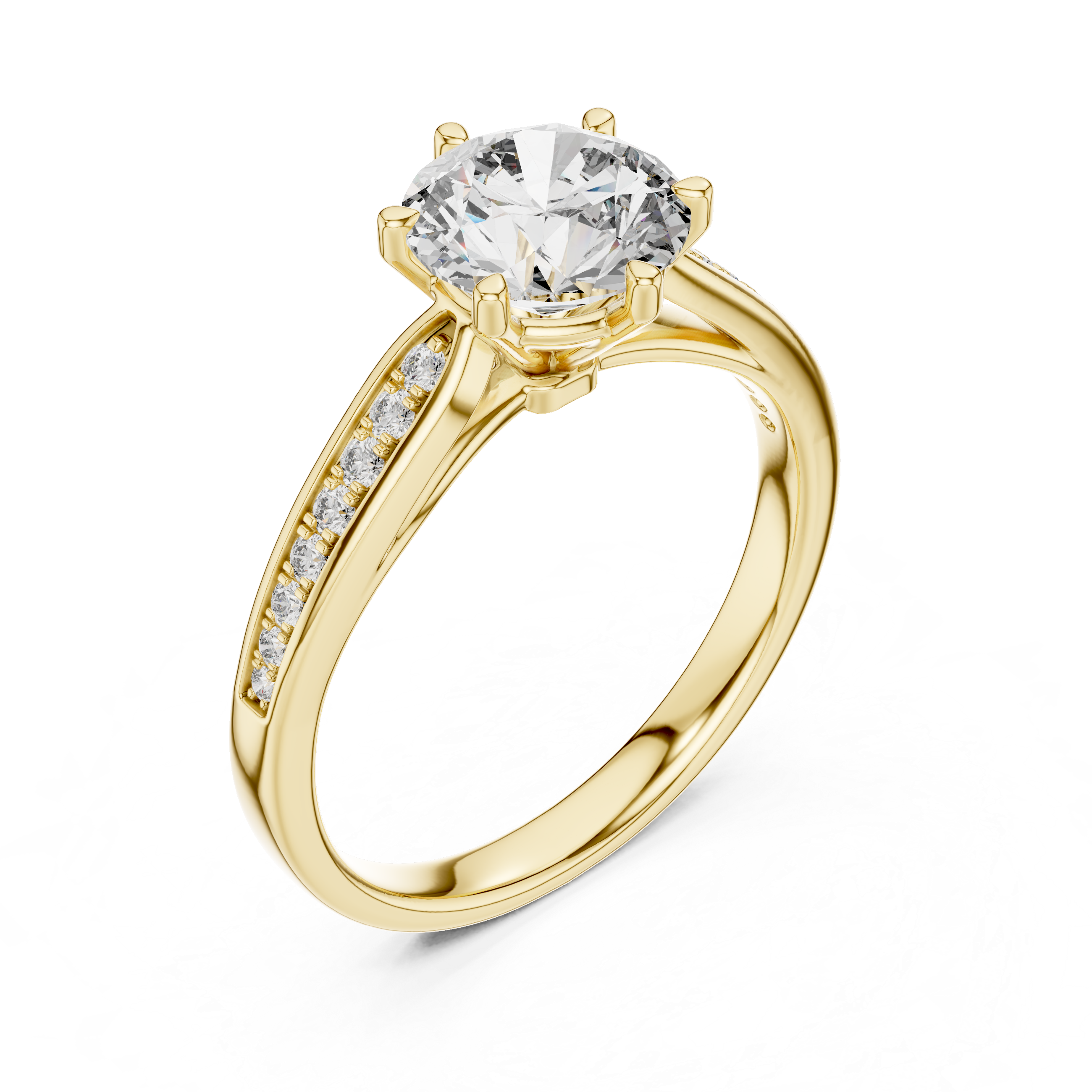 Gold ring with a large diamond and smaller diamonds on the band against a white background