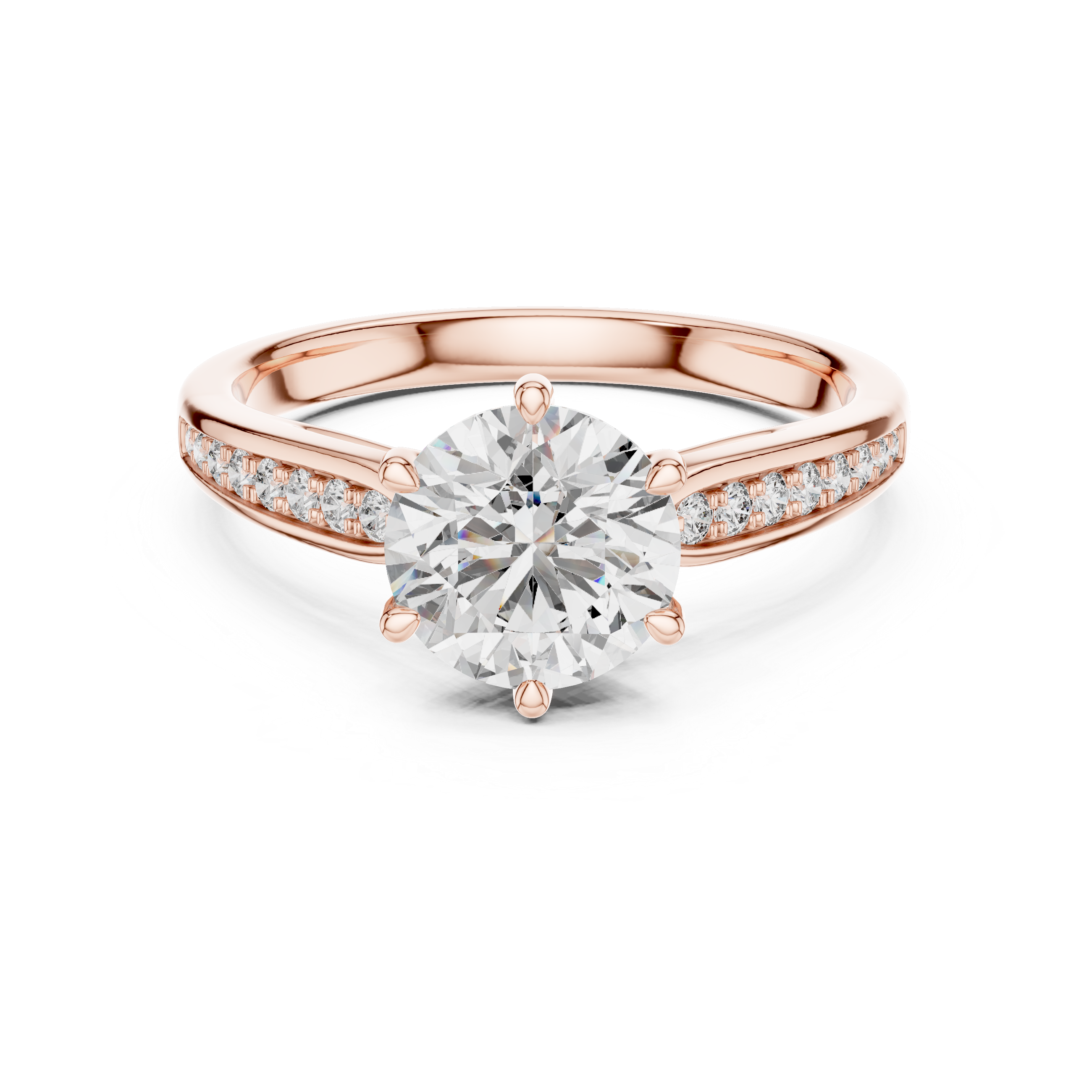 Rose gold ring with a large diamond and smaller diamonds on the band against a white background